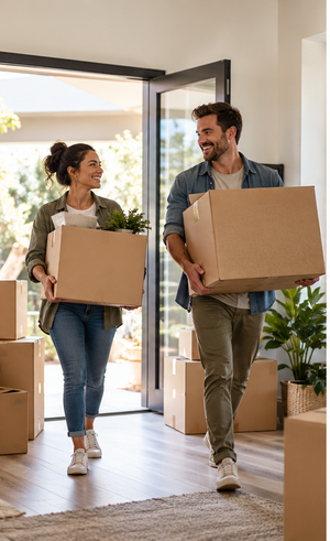 Couple moving boxes into their new home