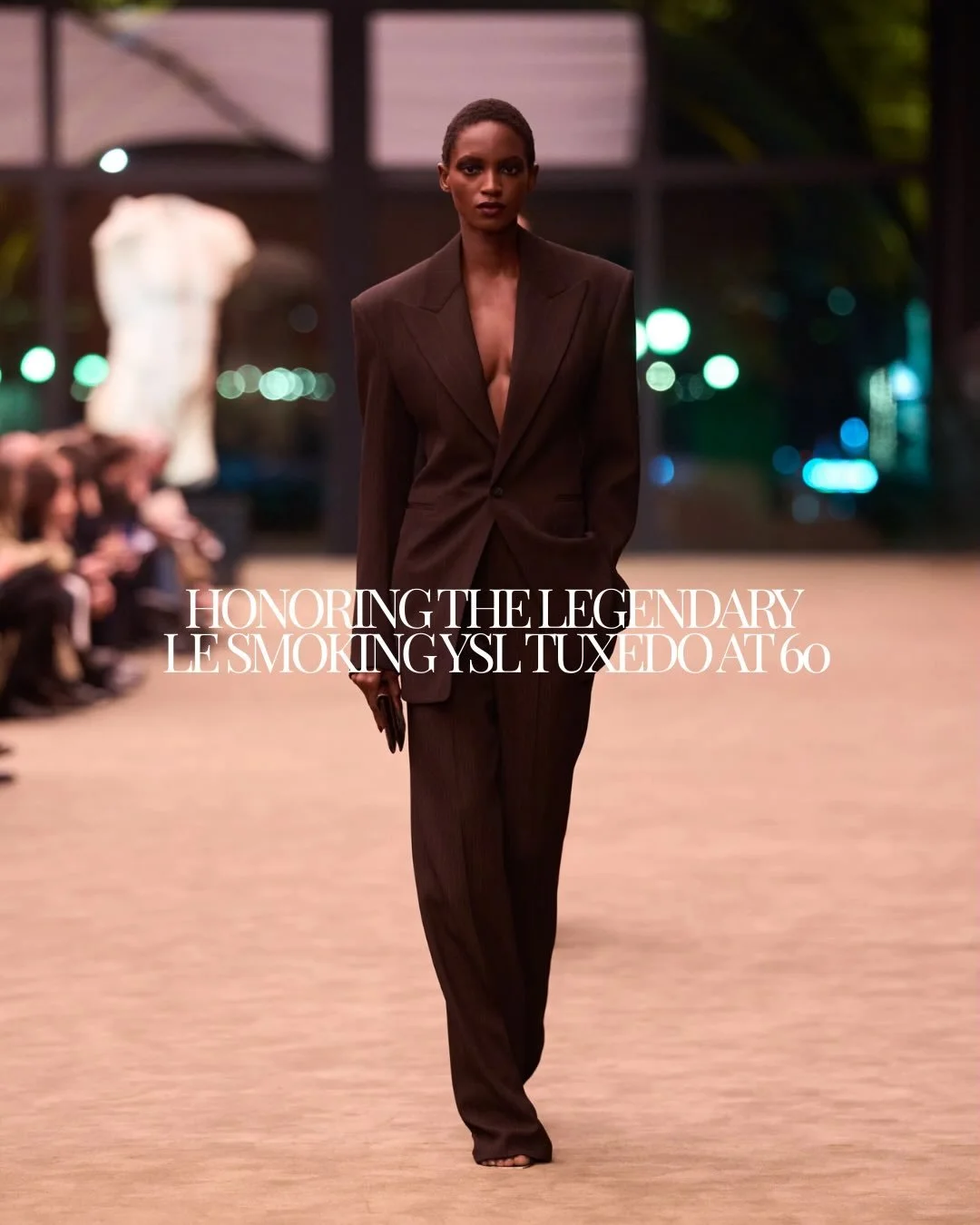 Le Smoking is more than a tuxedo. Introduced by Yves Saint Laurent in 1966, it was tailored for the female body with soft curves and strong lines, blending masculine structure with feminine elegance. At a time when women in trousers were still contro