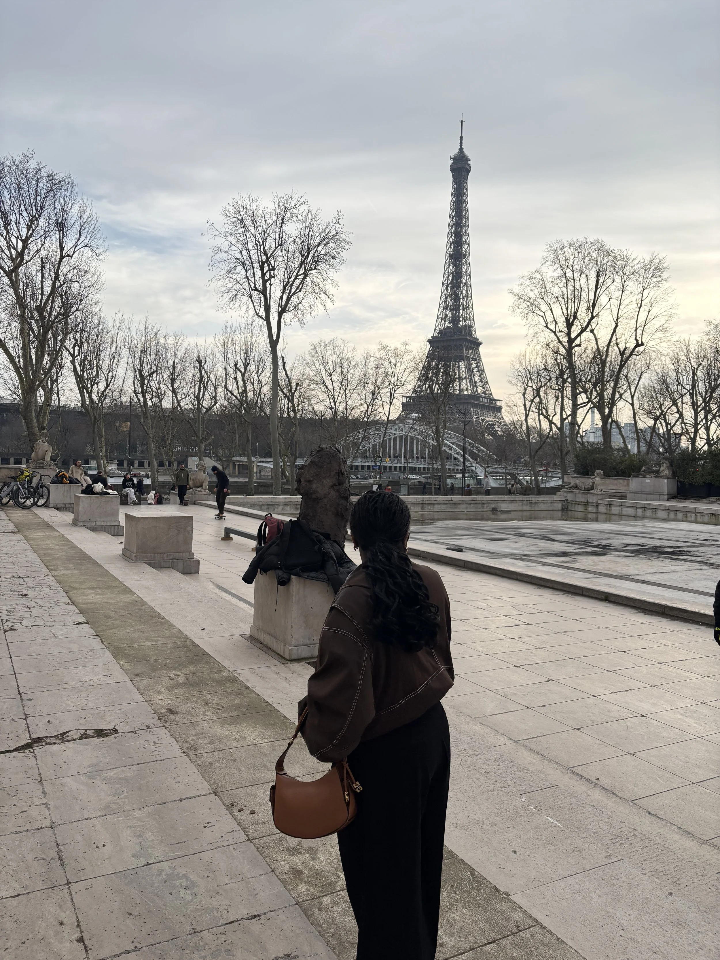 A woman with long dark hair, wearing a brown jacket and black pants, stands with her back to the camera in a Paris park, overlooking the Eiffel Tower, with leafless trees and a cloudy sky in the background.