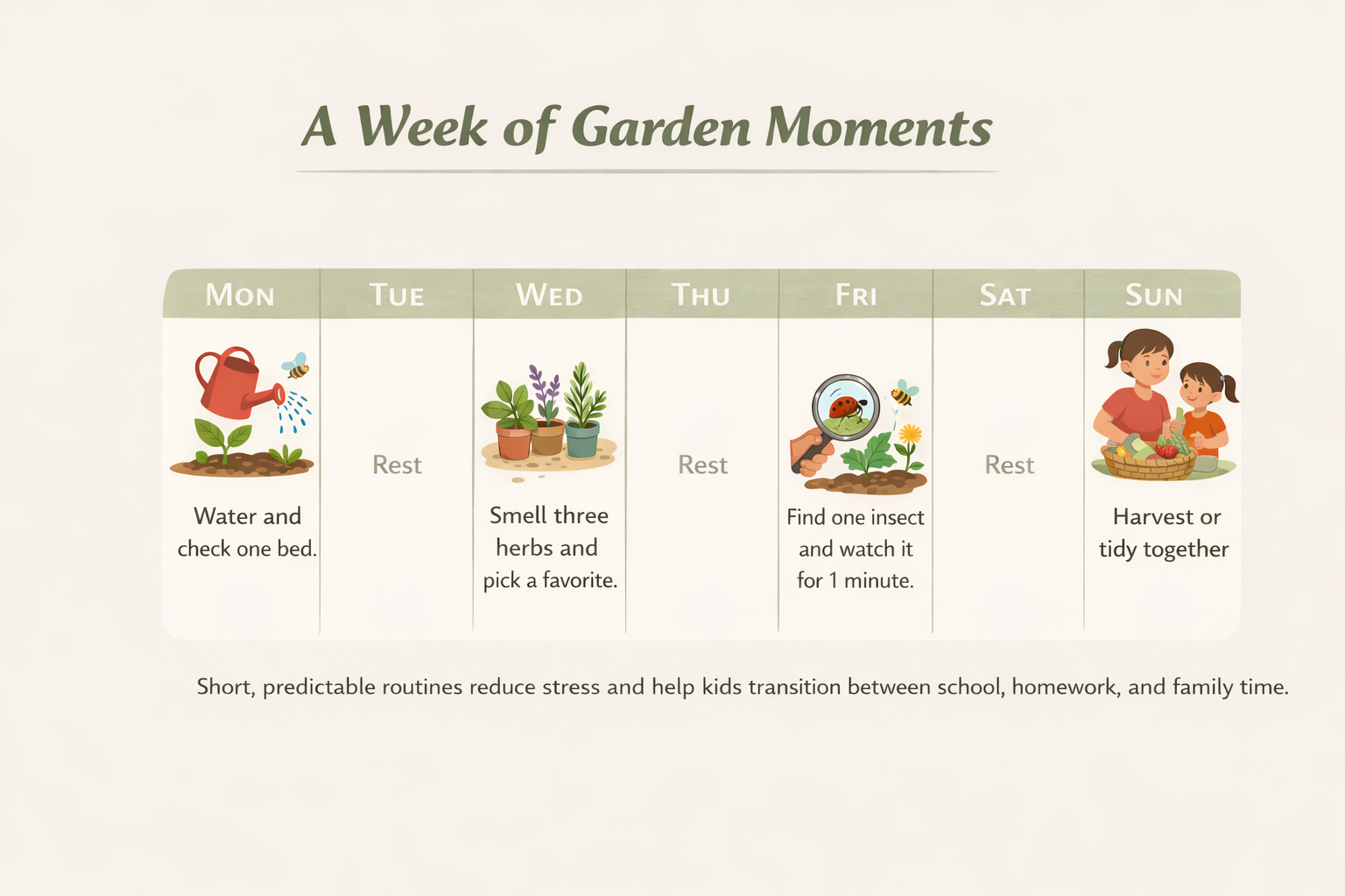 Infographic showing a possible week of garden moments