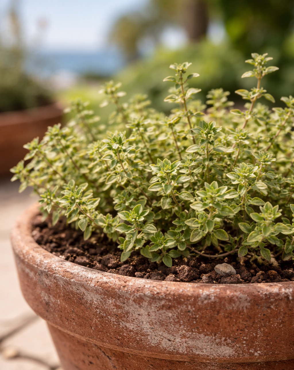 Lemon thyme growing in Scotts Valley terracotta garden