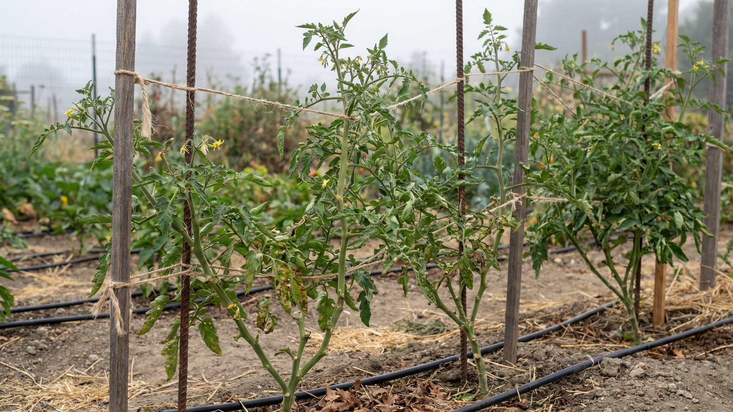 Tomato plants supported on stakes in a garden bed.