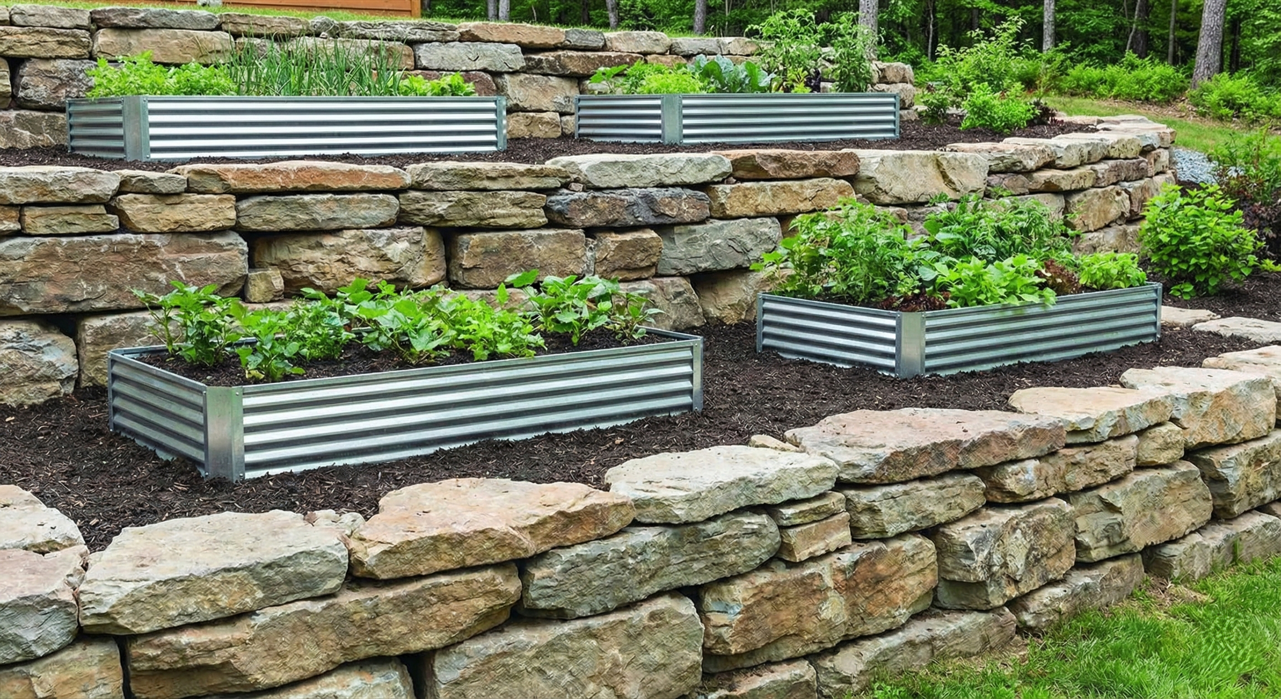 Terraced, raised, metal bed winter garden in Ben Lomond