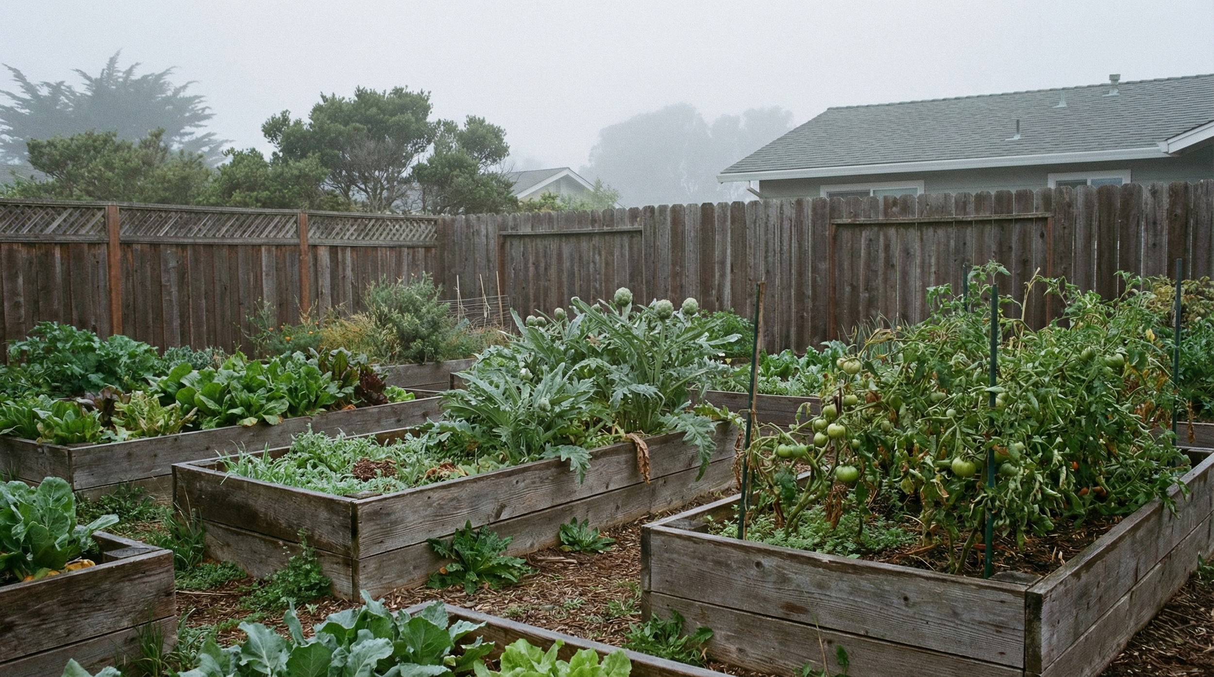 Foggy Santa Cruz garden