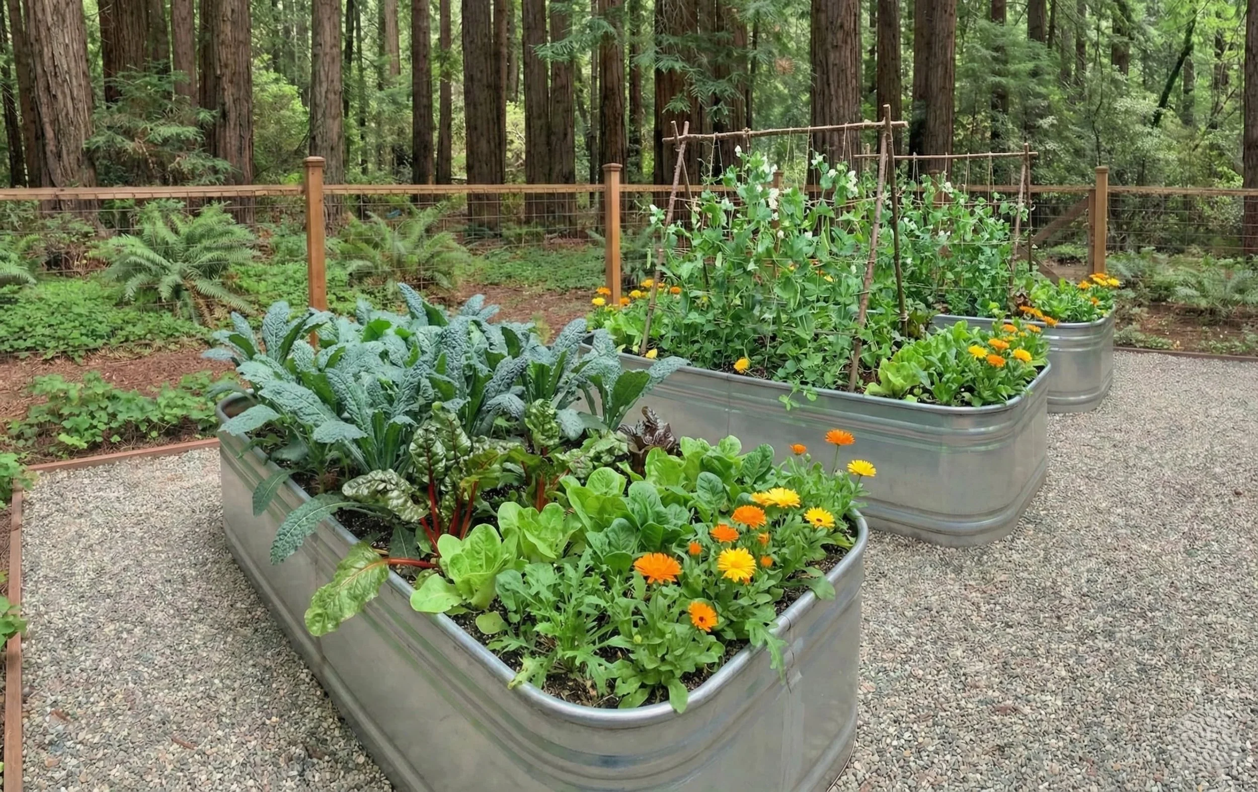 Felton garden shaded by redwoods with spring greens