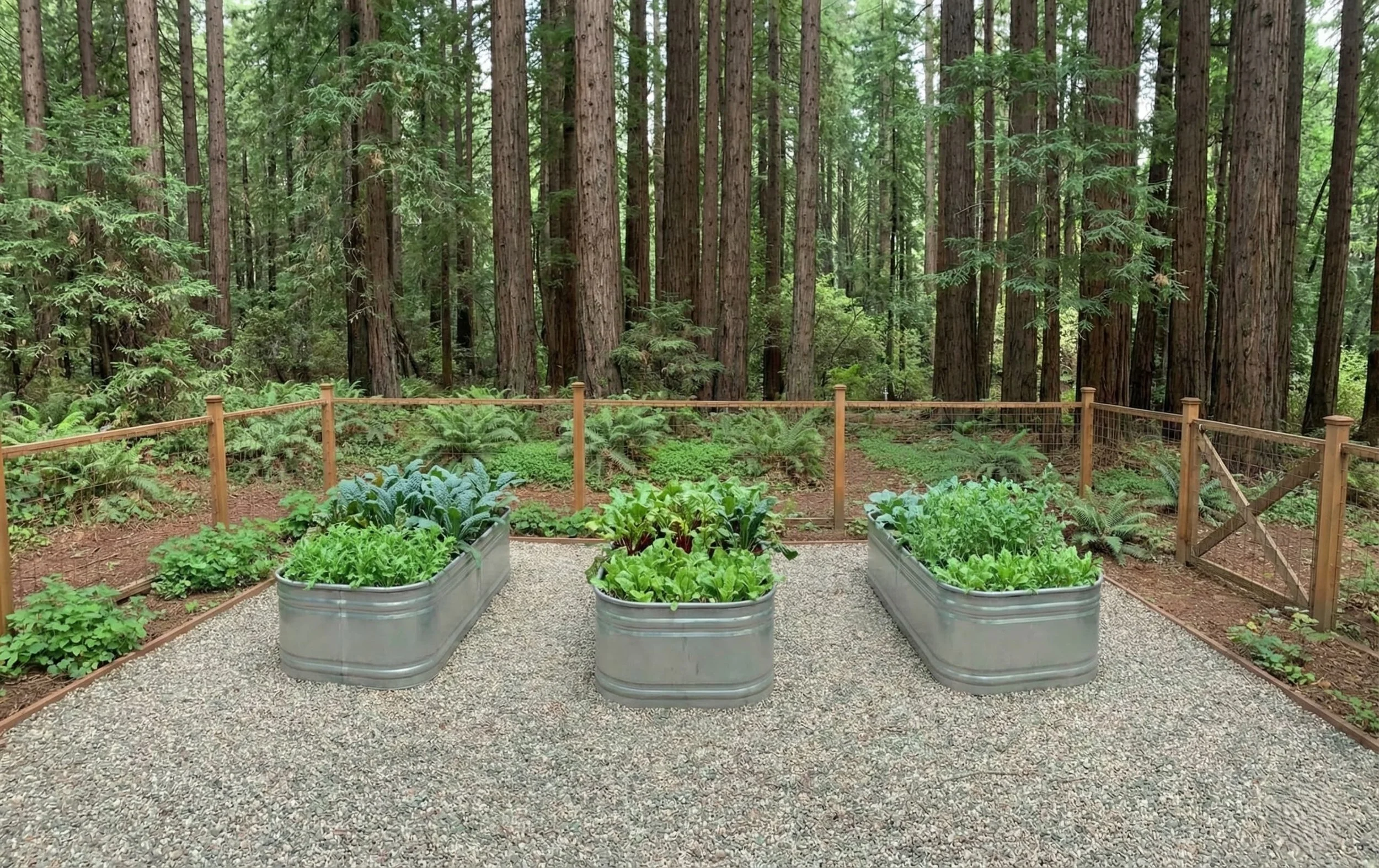 Felton garden shaded by redwoods with winter greens