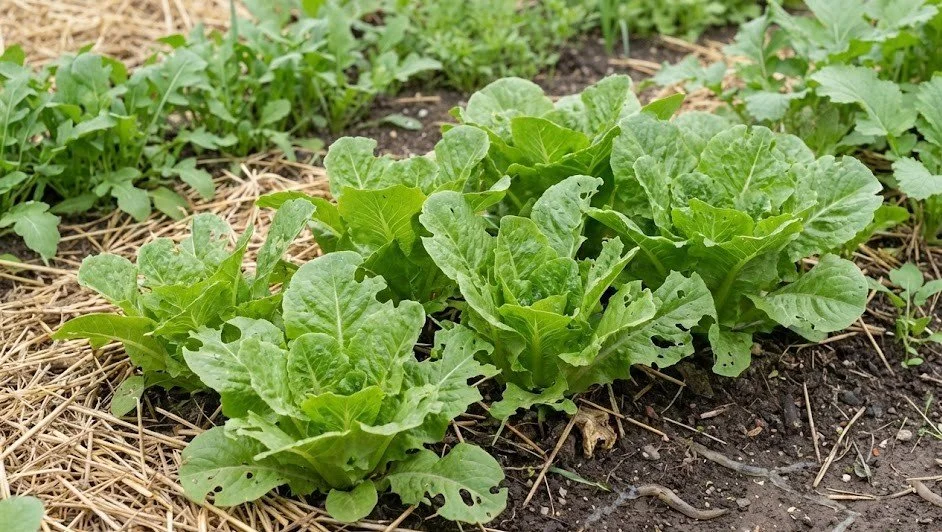 Lettuce and arugula growing in spring garden bed