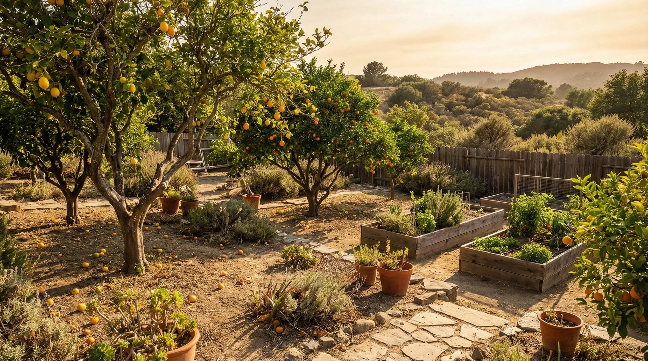 Citrus trees growing in a sunny Santa Cruz County garden