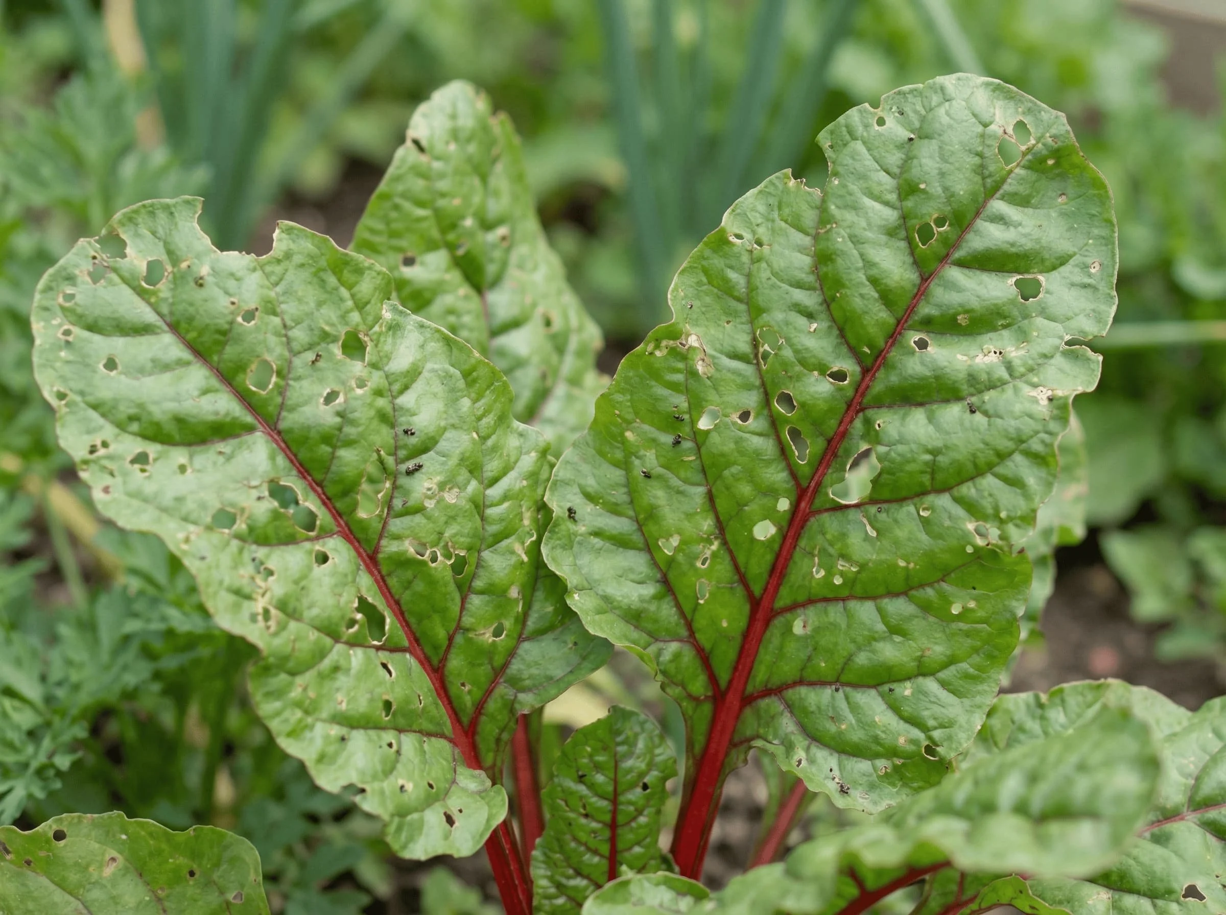 Chard with insect damage in Santa Cruz garden bed