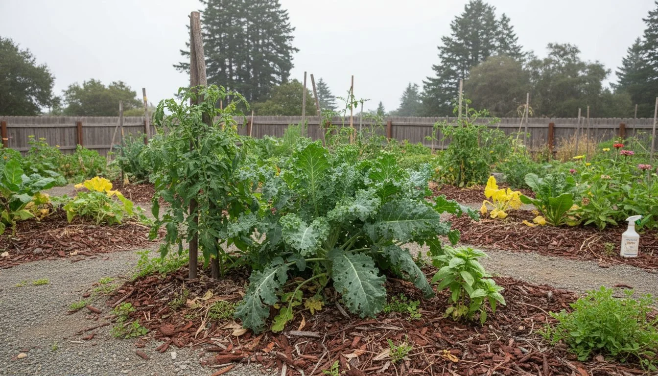 Vegetable plants in a garden bed with a spray bottle near the garden edge.