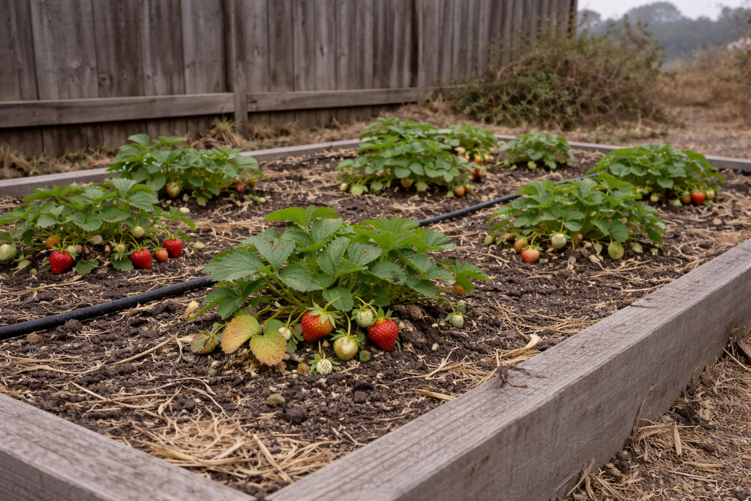 Strawberries growing in raised bed