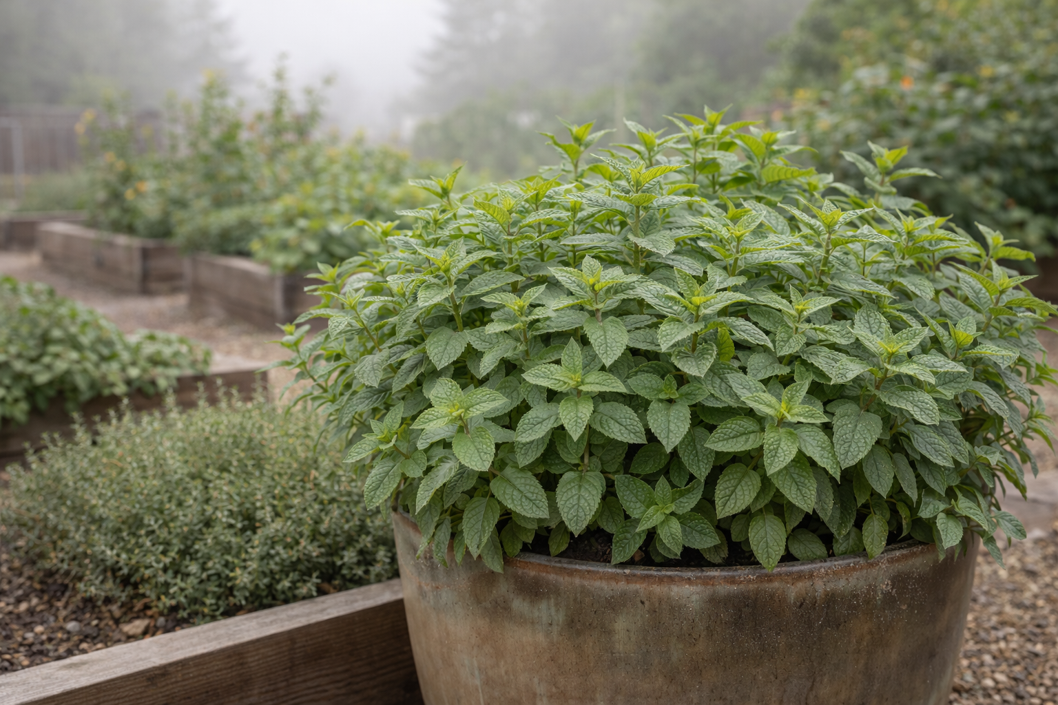 Container mint growing in Aptos foggy garden