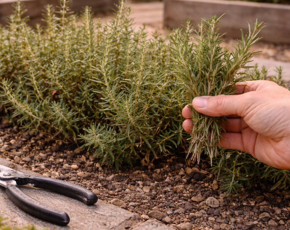 Harvesting rosemary sprigs in Scotts Valley garden