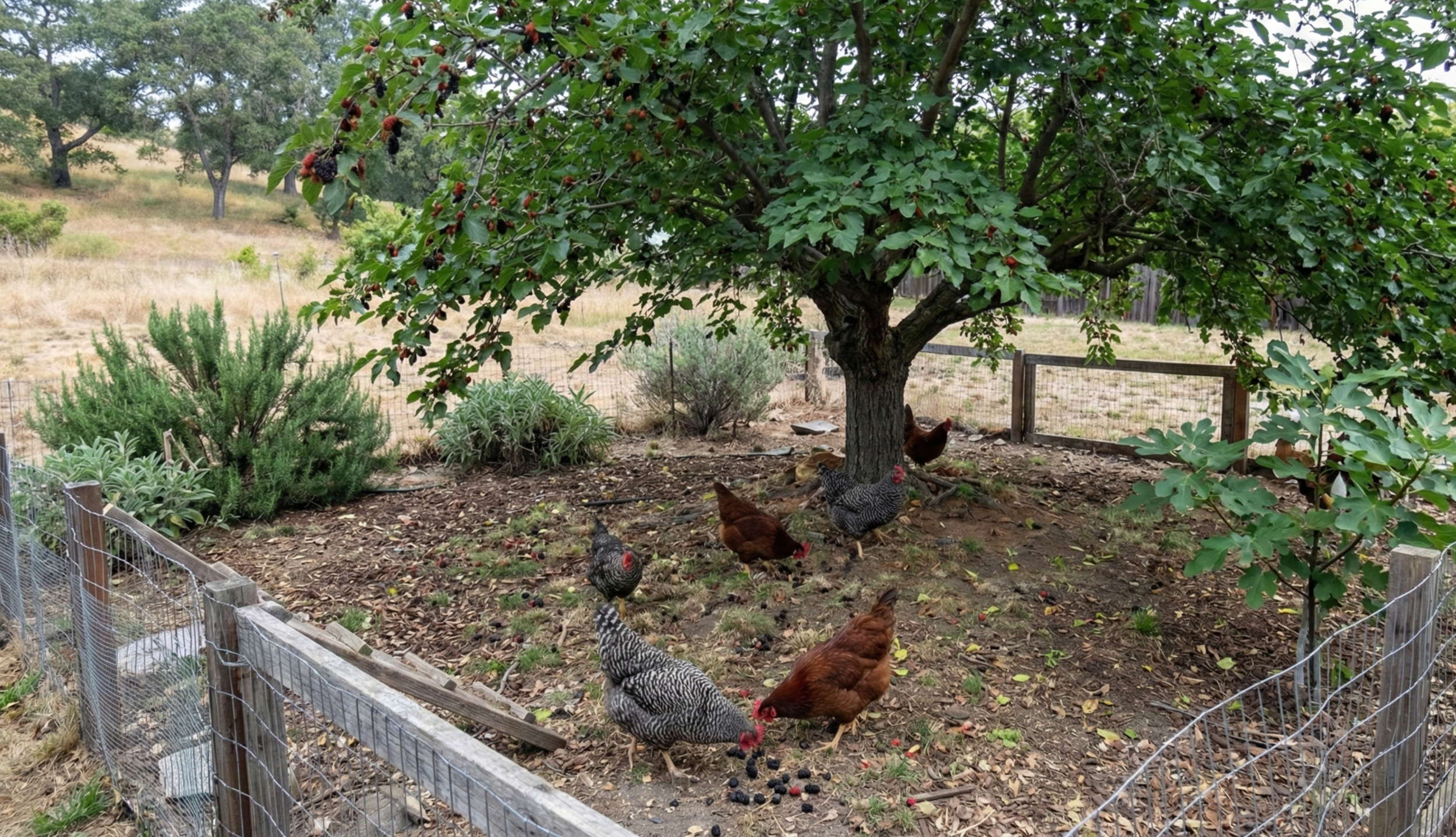 Chickens eating mulberries in backyard
