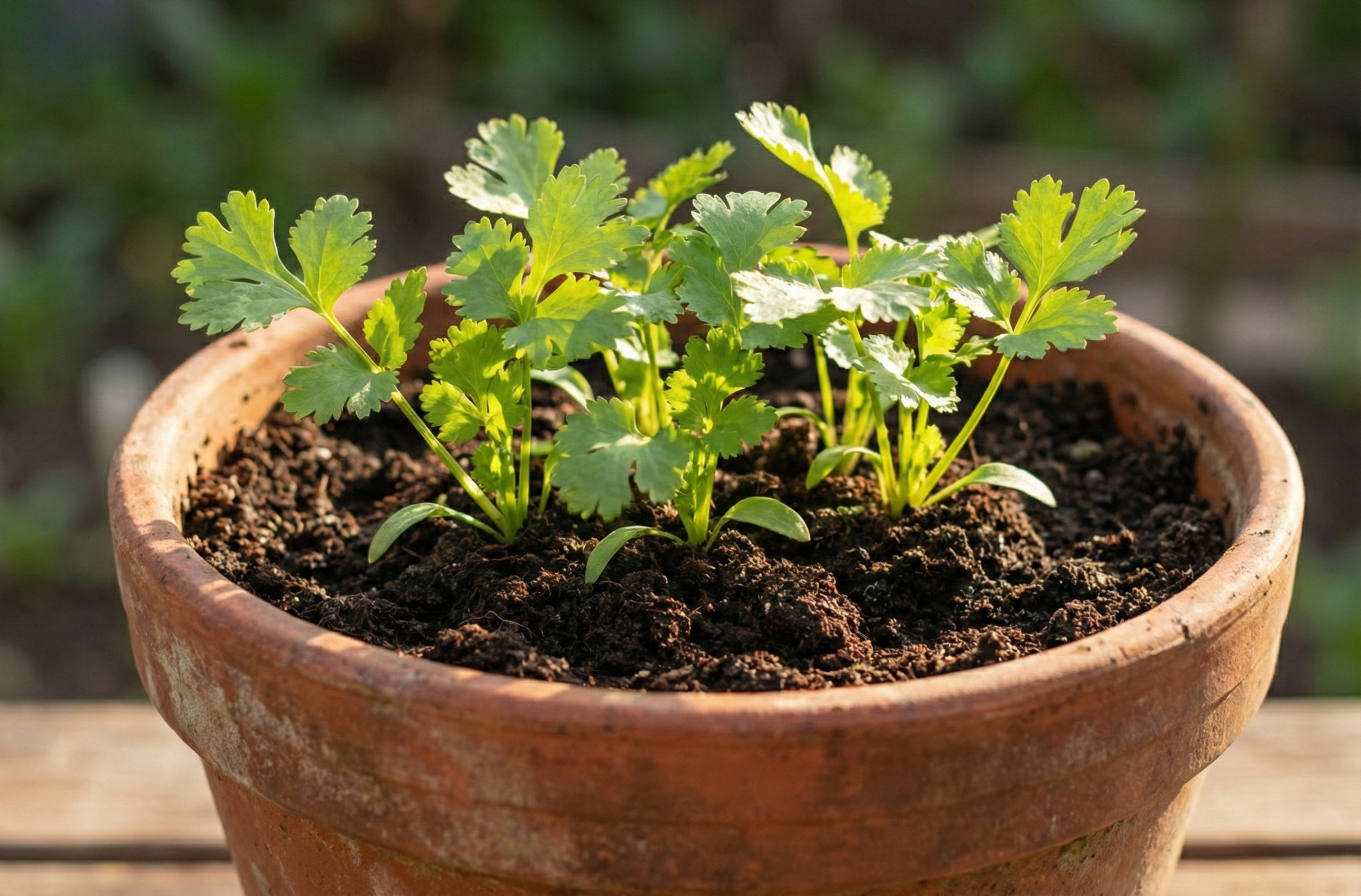 Potted cilantro seedlings in Capitola garden