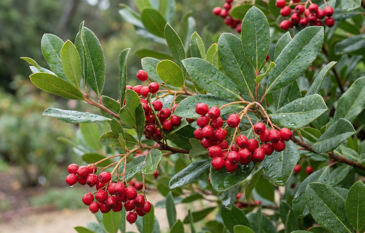 Clusters of red toyon fruit among leathery green leaves.