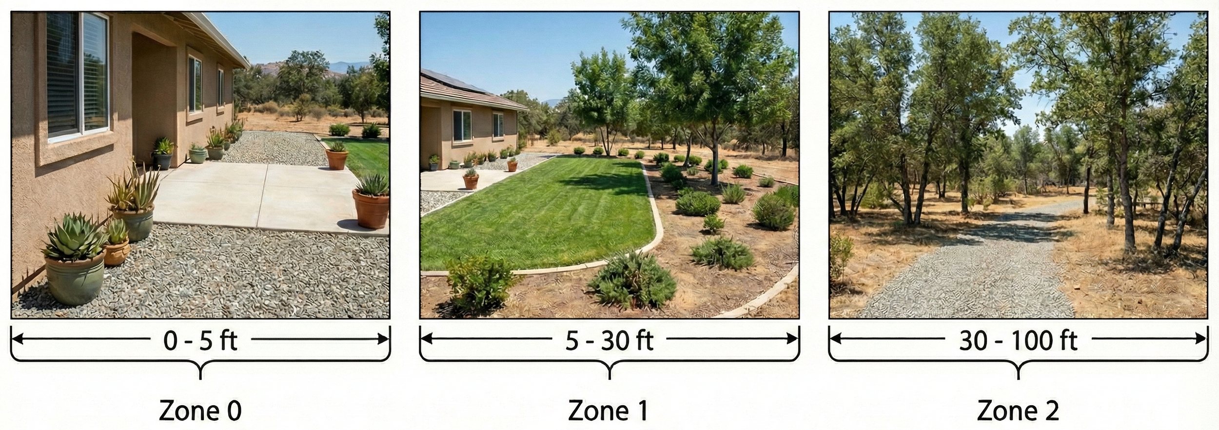 Diagram of a fire-wise garden  zoning design showing defensible space zones, hardscaping buffers, and low-combustion plant selection.