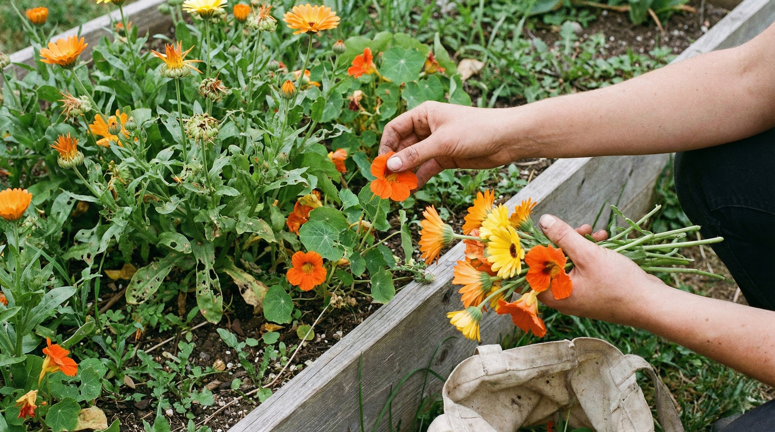 Harvesting calendula and nasturtium