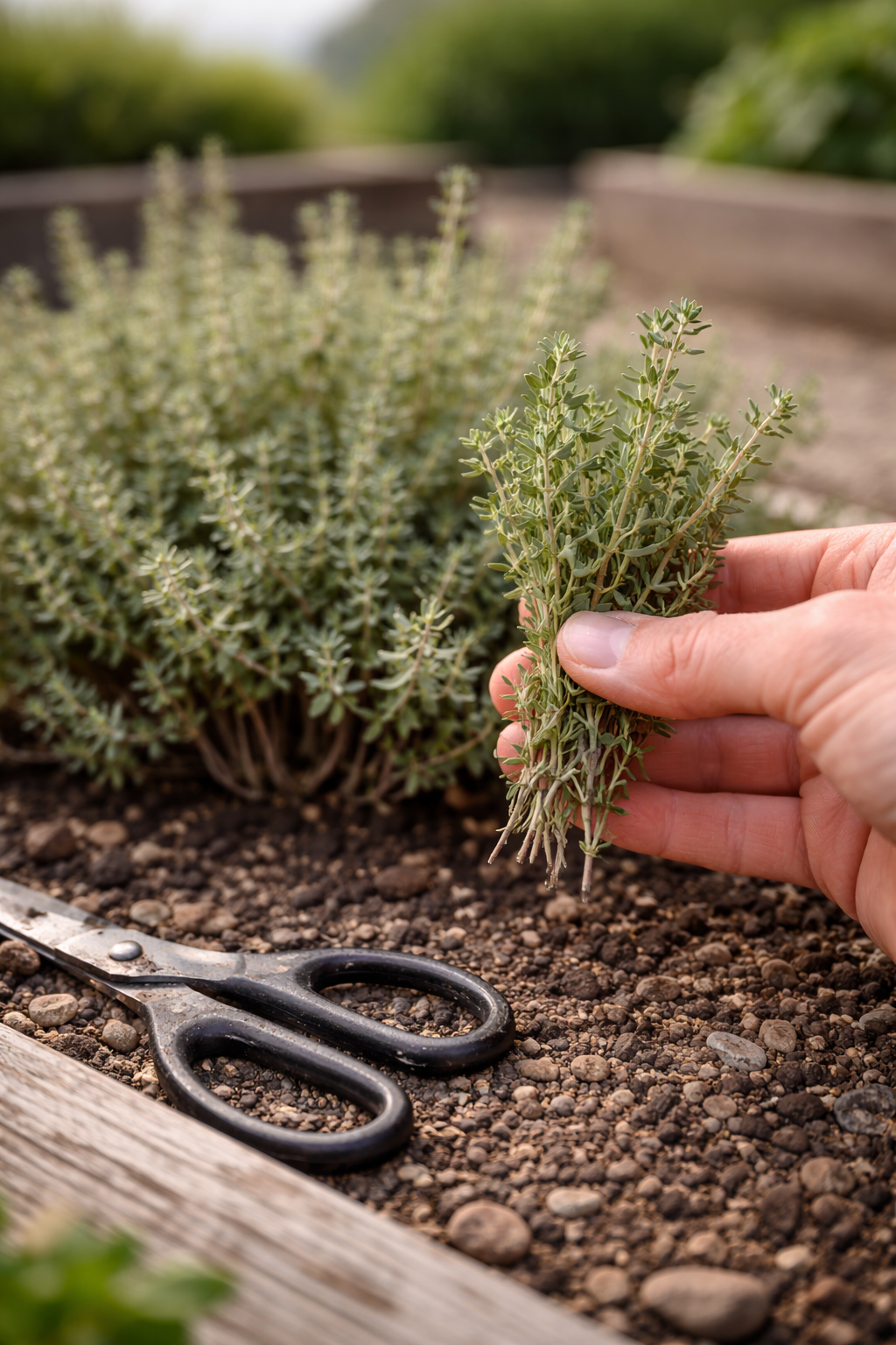 Harvesting thyme in Santa Cruz Garden