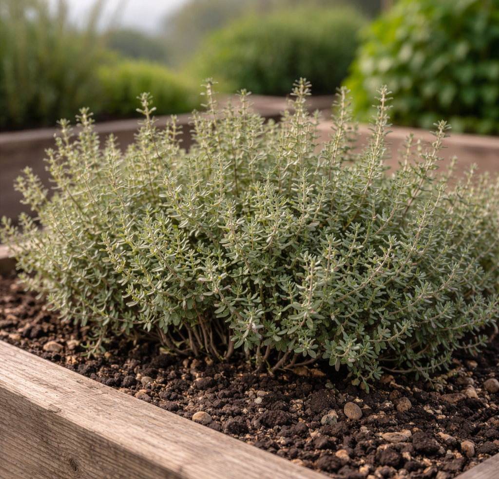 Thyme growing in Santa Cruz raised bed garden