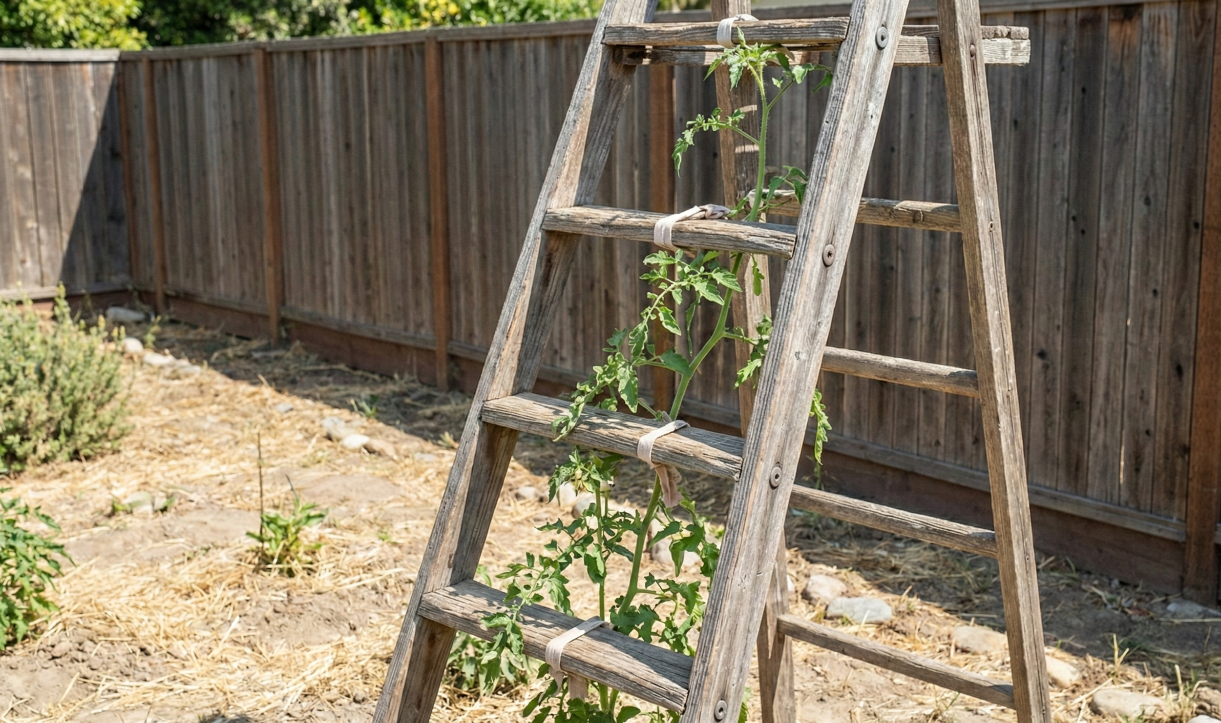 Ladder used as tomato trellis in Ben Lomond Garden
