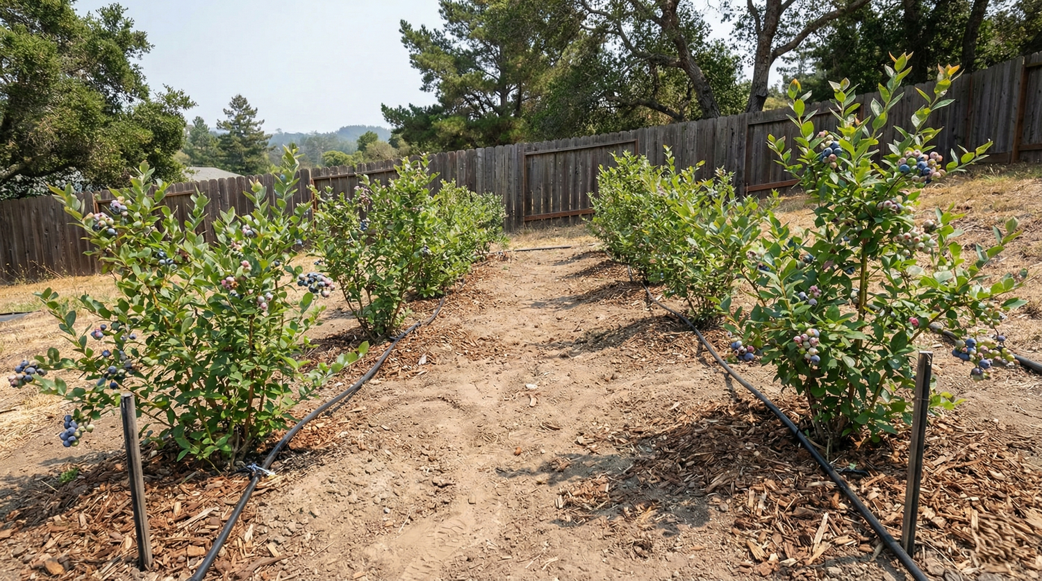 Fruiting blueberry shrubs growing beside drip irrigation.
