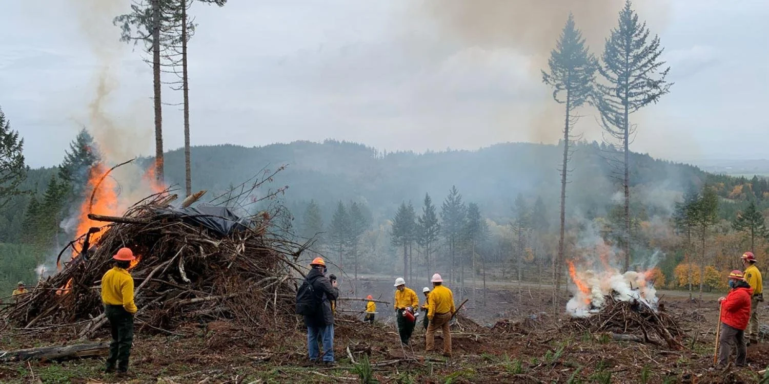 Two large piles of woody debris burn in the foreground, with about 10 people dressed in wildland firefighter gear standing around them. Forest is visible in the background.