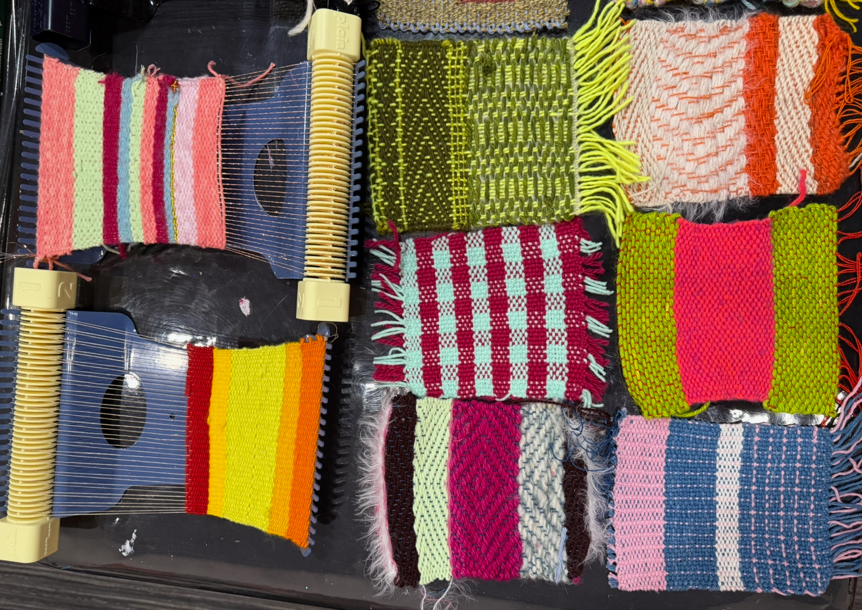 striped and patterned weaves from first time weavers on the boomloom