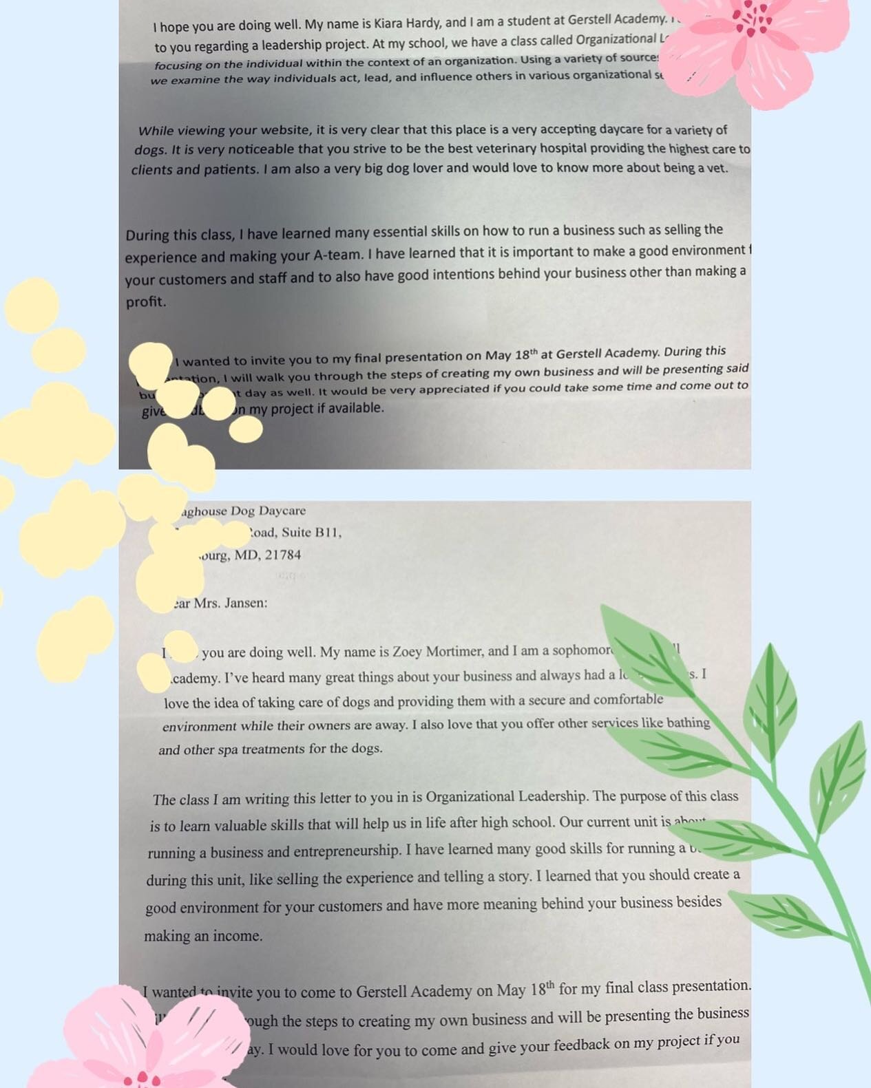 Received these 2 very nice letters from students at Gerstell Academy! I am honored to be so new and yet already thought of for this Organizational Leadership course and a member of the Carroll County small business/entrepreneur &ldquo;world&rdquo;! I