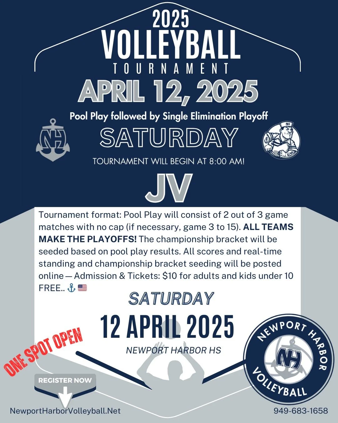🚨 Attention, JV Volleyball teams! One spot opened up in our 𝙅𝙑 𝙏𝙤𝙪𝙧𝙣𝙚𝙮 on 𝗦𝗮𝘁𝘂𝗿𝗱𝗮𝘆, 𝗔𝗽𝗿𝗶𝗹 𝟭𝟮, at Newport Harbor HS. If you&rsquo;re interested in playing, please get in touch with us immediately by visiting our website and cl
