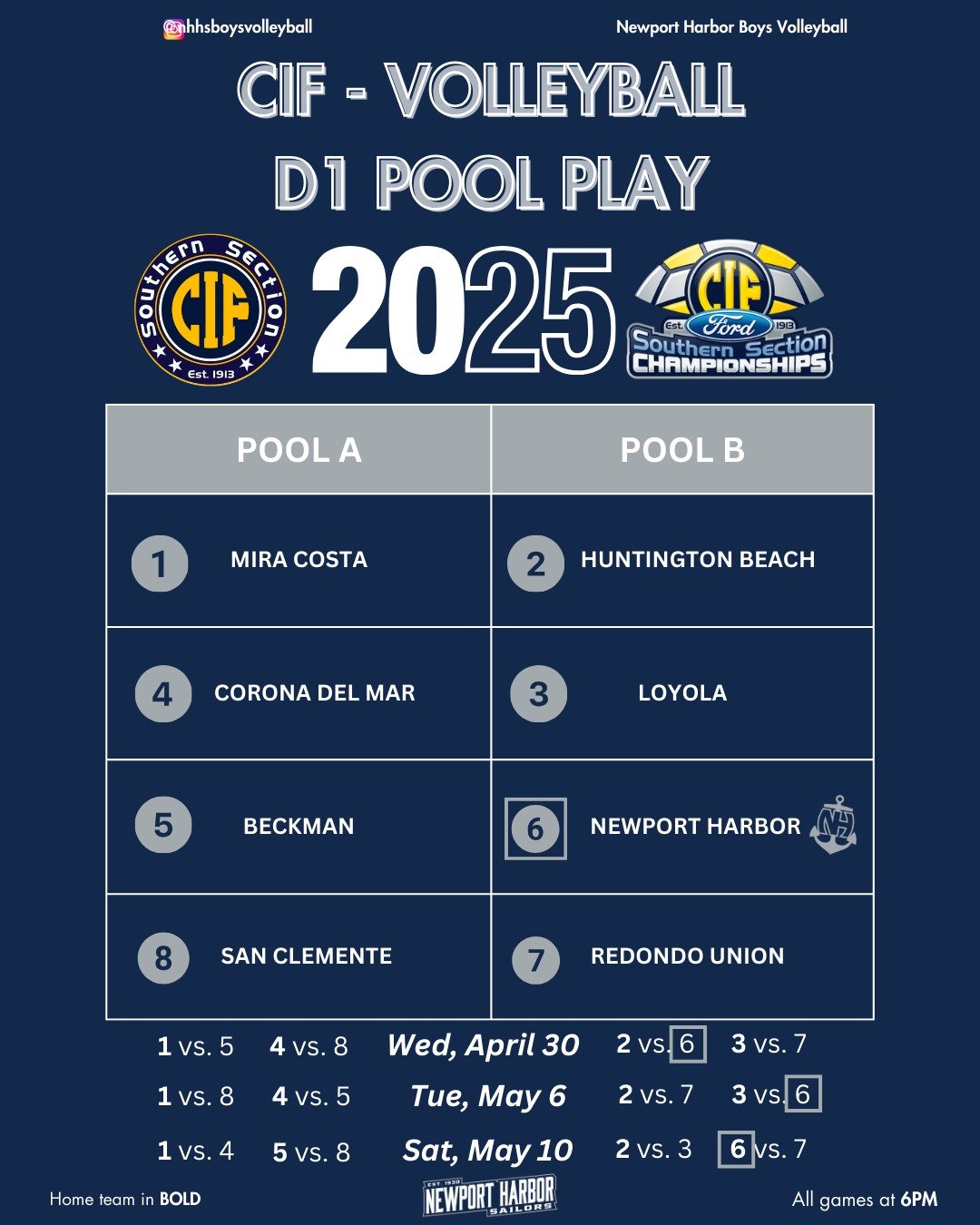 🚨 Our 🏐 boys are CIF-bound! D1 playoffs begin on Wednesday, on the road, April 30th, against HB that night. All pool matches will start at 6:00 PM. At Loyola on Tuesday, May 6th, then at home Saturday night vs Redondo Union. Fire up @nhhs.tarpit ⚓️
