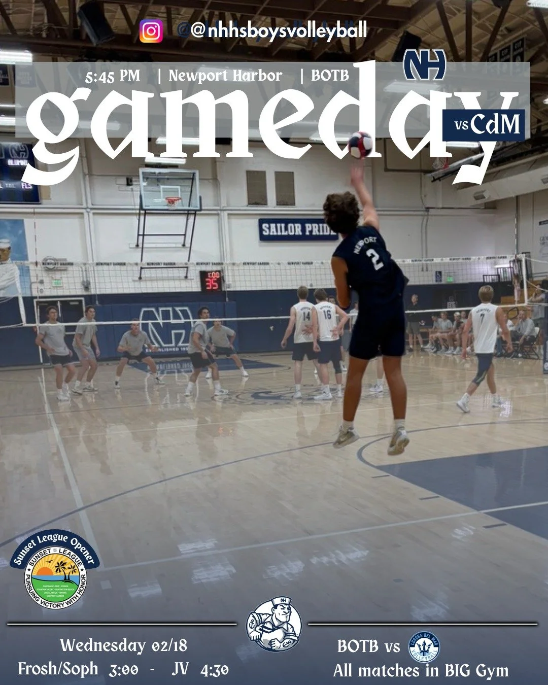 🚨 We&rsquo;re kicking off the Sunset League at home against CdM (Wednesday) during Ski Week! Don&rsquo;t miss the Battle of the Bay. 🔥 #BOTB ⚓️⤵️
All matches in BIG Gym - F/S 3:30 | JV 4:30 | V 5:45