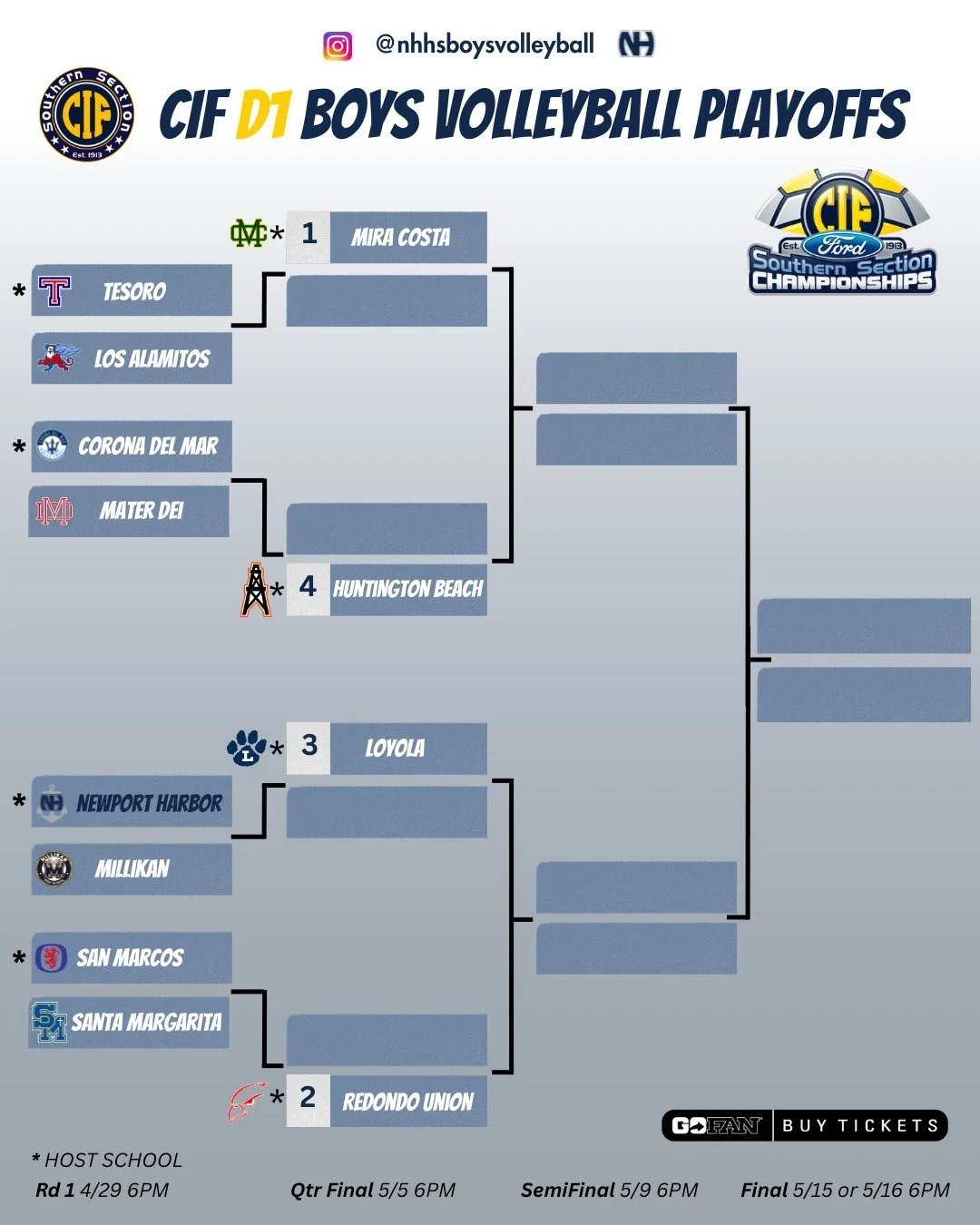 🚨 THE BRACKET IS SET! 🚨 It&rsquo;s go time! 🏐 The CIF D1 bracket is officially locked in. Catch Newport Harbor in action this Wednesday @ 6 PM - 𝗛𝗢𝗠𝗘 𝗺𝗮𝘁𝗰𝗵 ⚓️⤵️ (tix link in bio) - 🅶🅾🅵🅰🅽