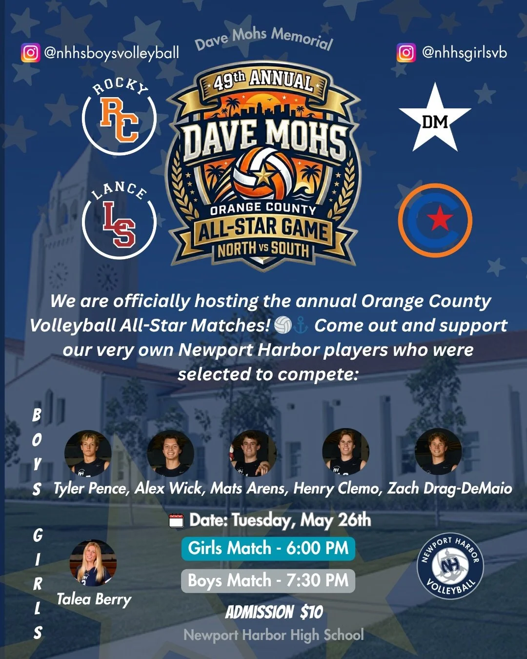 🚨 IT&rsquo;S ALL-STAR TIME! 🚨
Newport Harbor Volleyball is proud to host the annual Orange County Dave Mohs All-Star Game this Tuesday the 28th! 🏐🌴
Come out and watch some top-notch high school volleyball featuring our very own Sailors:
✨ Girl