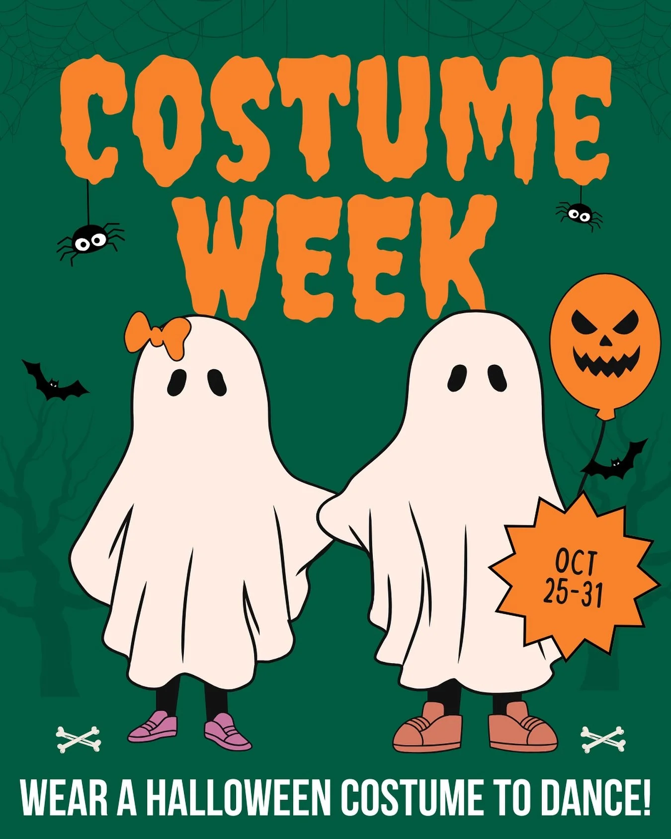 It&rsquo;s almost Costume Week! 👻🪩
Starting THIS Saturday (Oct 25&ndash;31), come to dance class dressed in your spookiest, silliest, or sparkliest Halloween costume! We can&rsquo;t wait to see all the creativity and fun looks.🎃

Just make sure yo