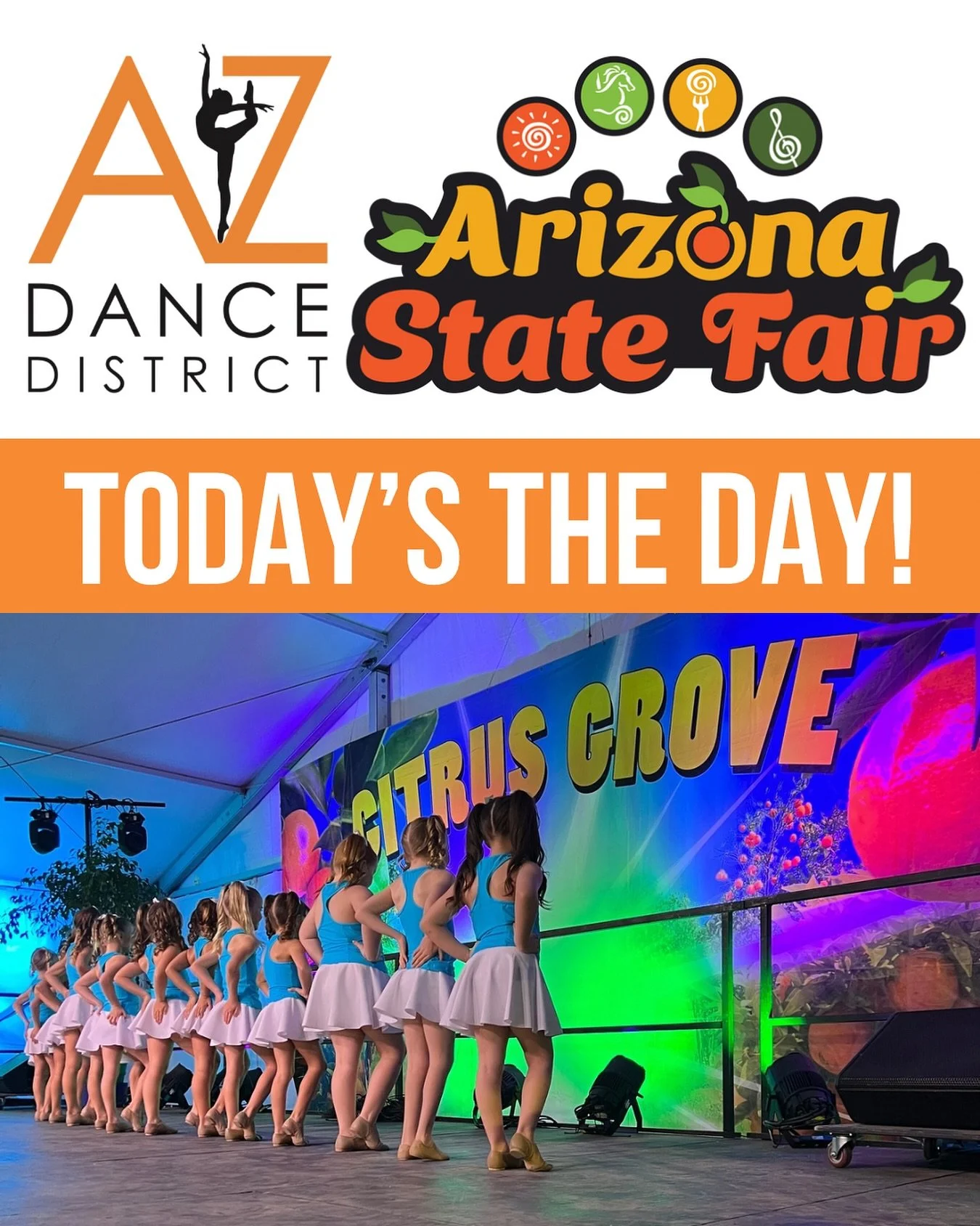 Good luck to our amazing Stars &amp; Company dancers performing at the AZ State Fair tonight! ✨ We can&rsquo;t wait to see you shine on stage! 

🎡 Catch our performance at 5:30pm on the Citrus Grove Stage &mdash; come cheer us on! 🩵🧡
#AZDanceDistr