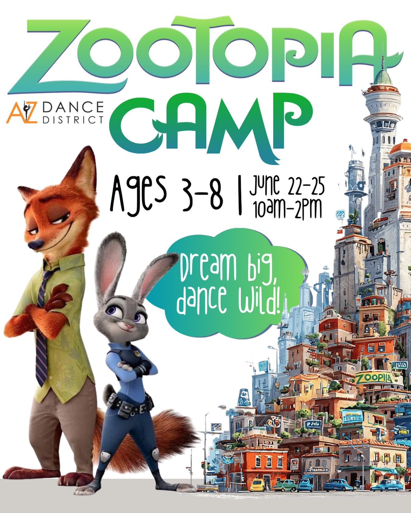 🦊ZOOTOPIA CAMP🐰
June 22nd-25th
10am-2pm daily, with early drop off and late pickup available as a daily add-on!
🎉REGISTRATION OPENS MARCH 15th🎉
Summer camps are for ages 3-8, any level! They are one of our most popular attractions, and we are hos