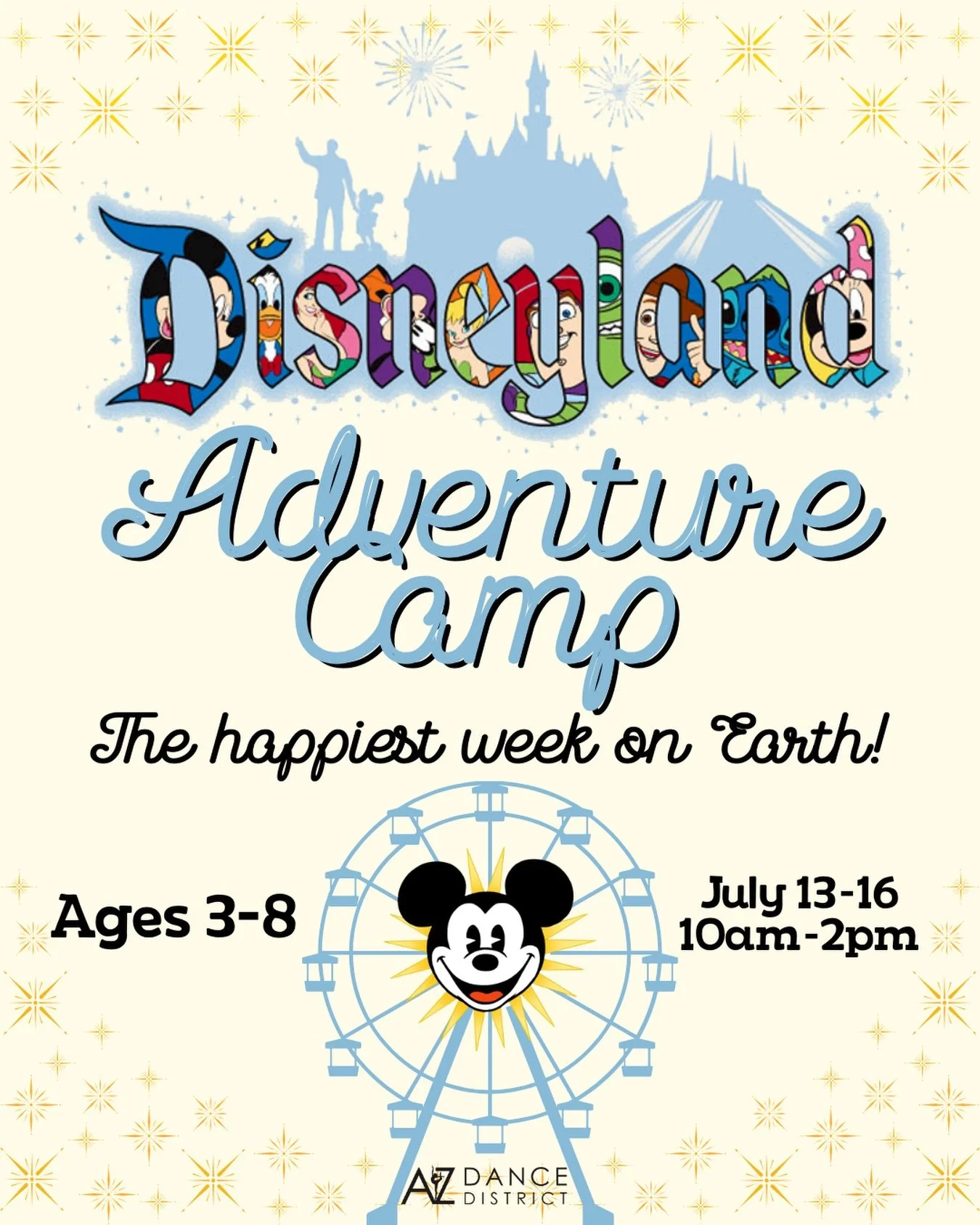 🎡DISNEYLAND ADVENTURE CAMP🎡
July 13th-16th
10am-2pm daily, with early drop off and late pickup available as a daily add-on!
🎉REGISTRATION OPENS MARCH 15th🎉
Summer camps are for ages 3-8, any level! They are one of our most popular attractions, an