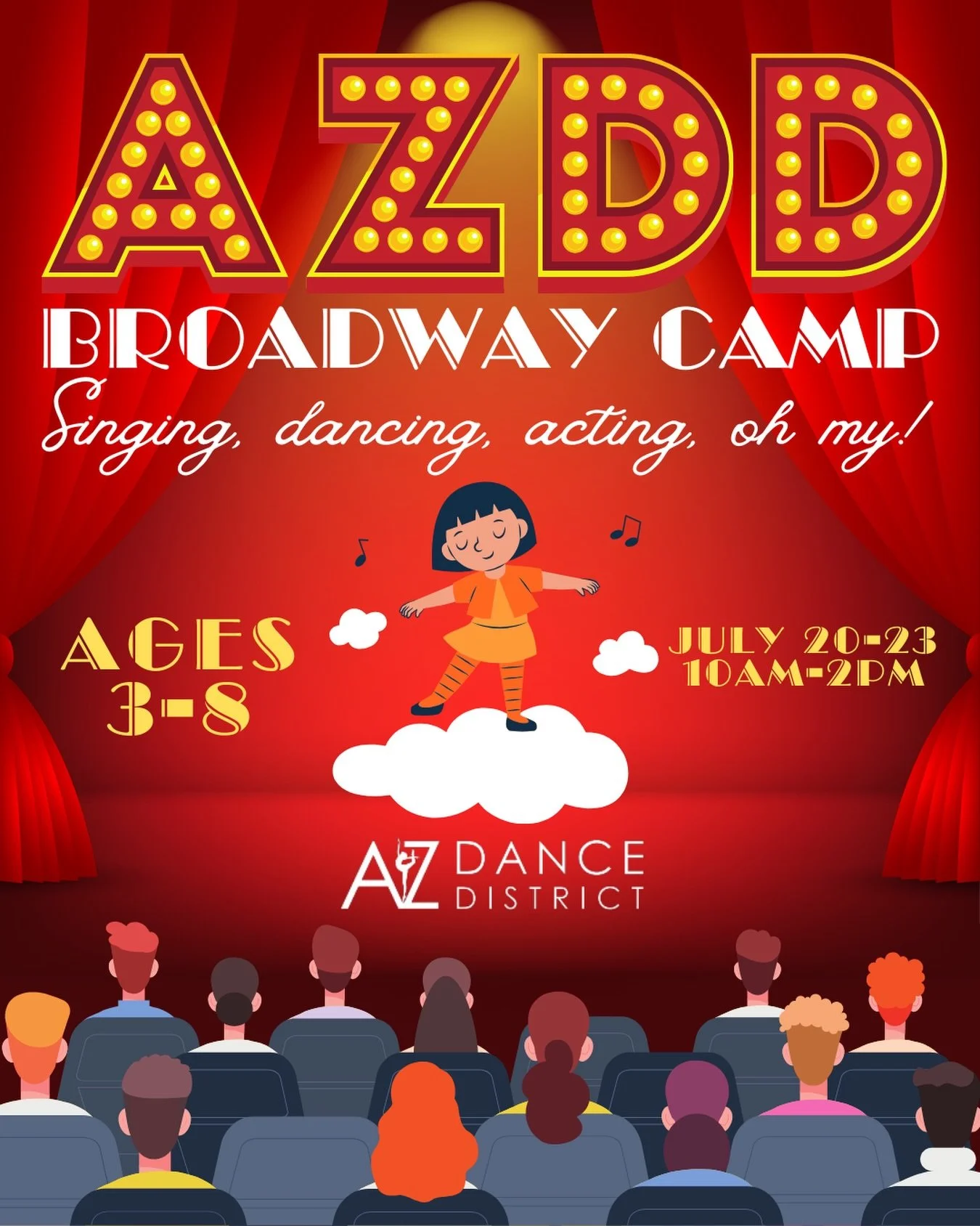 🎭BROADWAY BOUND CAMP🎭
July 20th-23rd
10am-2pm daily, with early drop off and late pickup available as a daily add-on!
🎉REGISTRATION OPENS MARCH 15th🎉
Summer camps are for ages 3-8, any level! They are one of our most popular attractions, and we a
