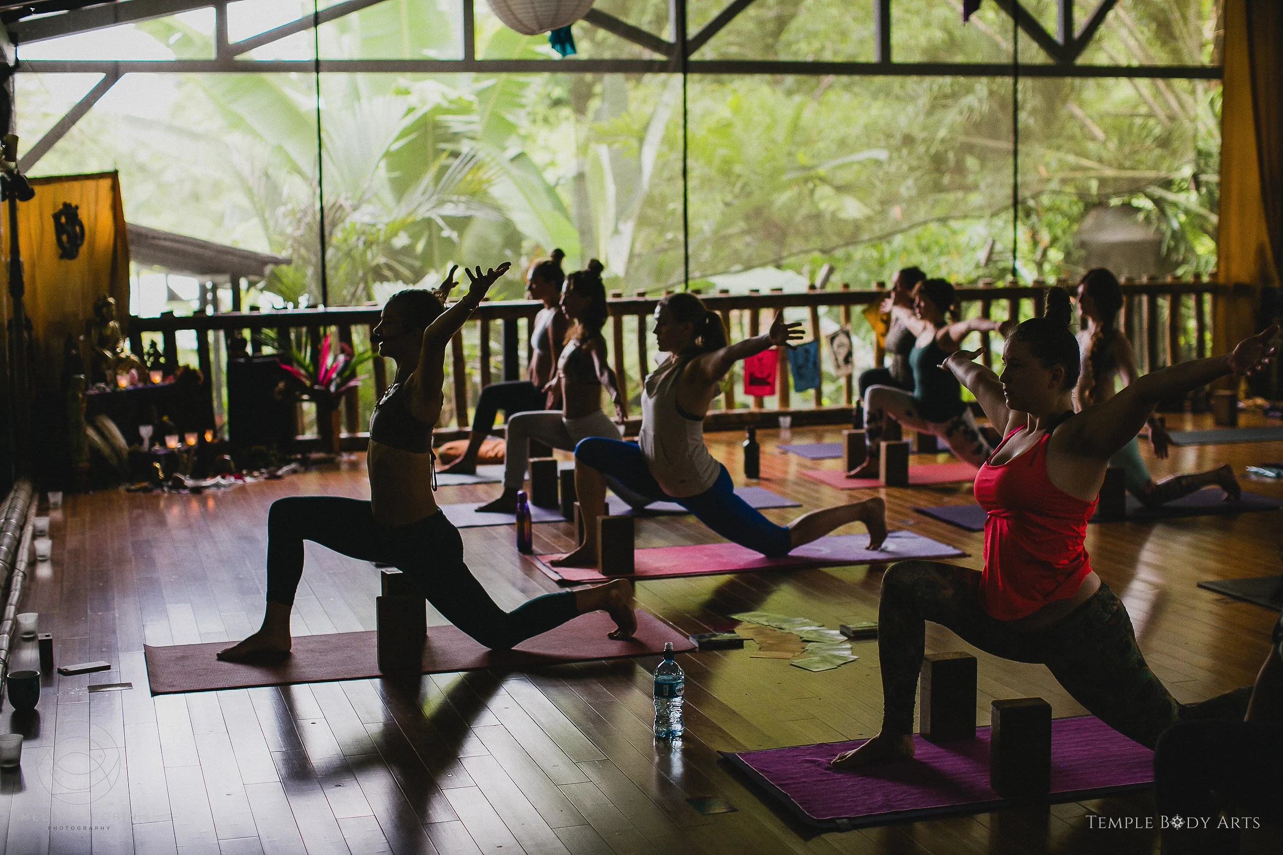 Group of women practicing yoga in a bright, indoor studio with large windows and lush greenery outside.
