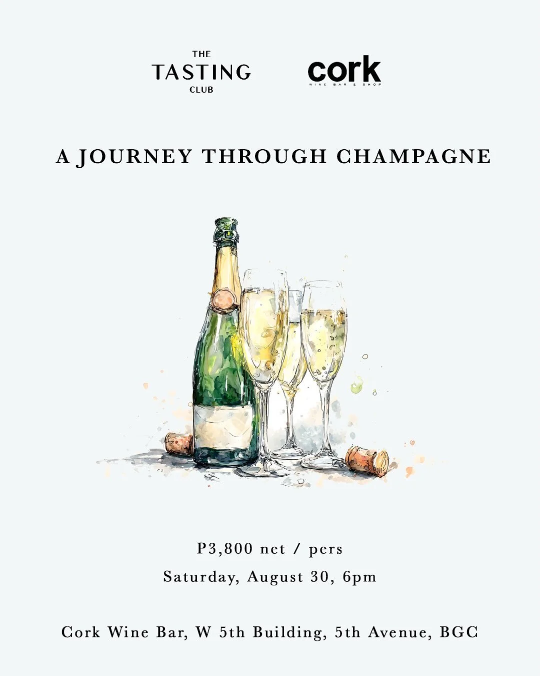 Join us this Saturday, August 30, for an exclusive tasting journey through a curated selection of Champagne Brut, paired with exquisite small plates at Cork Wine Bar in BGC 🍾
This intimate experience is designed to highlight the elegance and divers