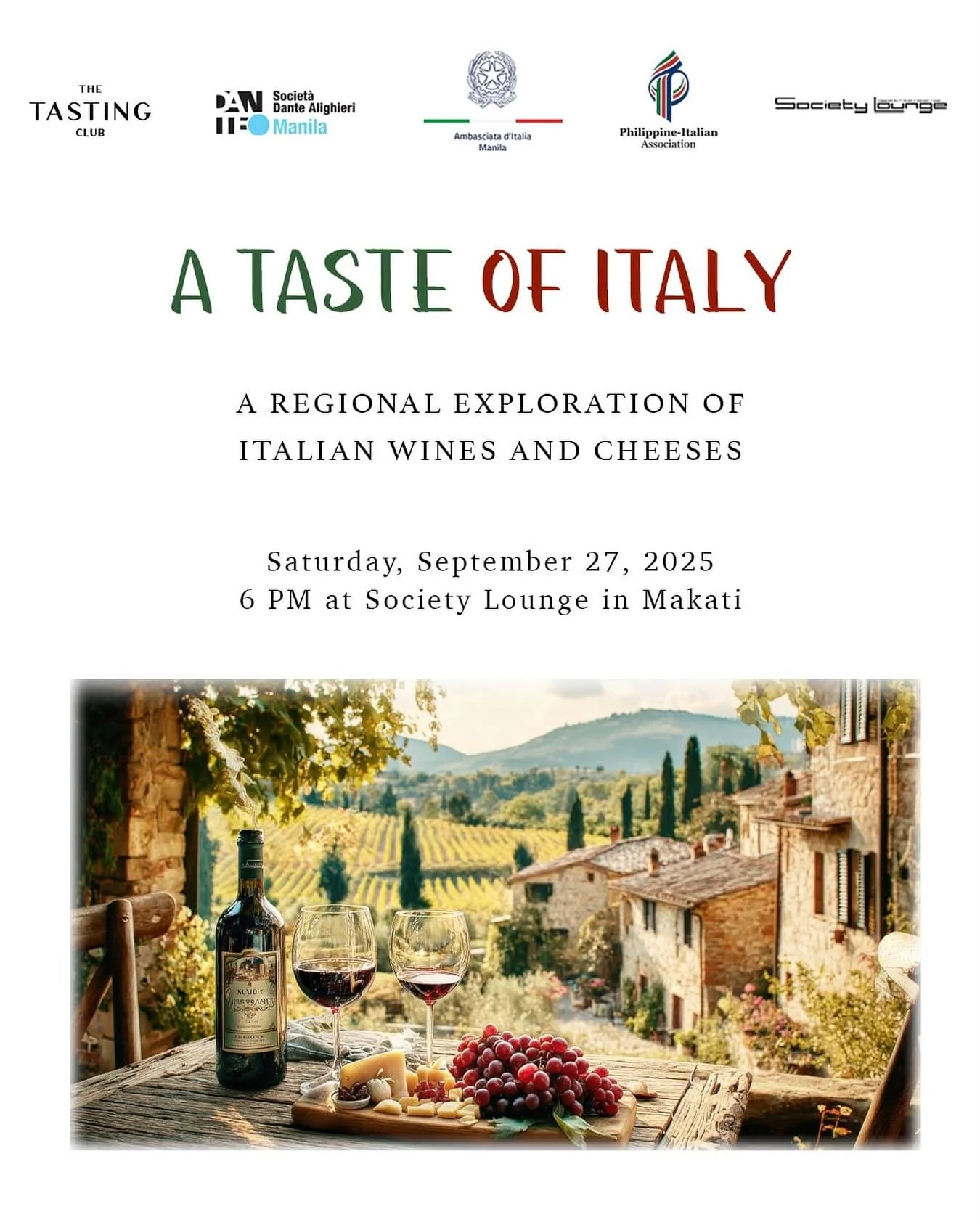 .
A Taste of Italy comes to Makati 🇮🇹
Join us on September 27 at 6pm at Society Lounge for an evening of Italian wines paired with regional cheeses in a guided tasting journey🍷🧀
From Prosecco with Mozzarella to Barbera with truffle cheese and M
