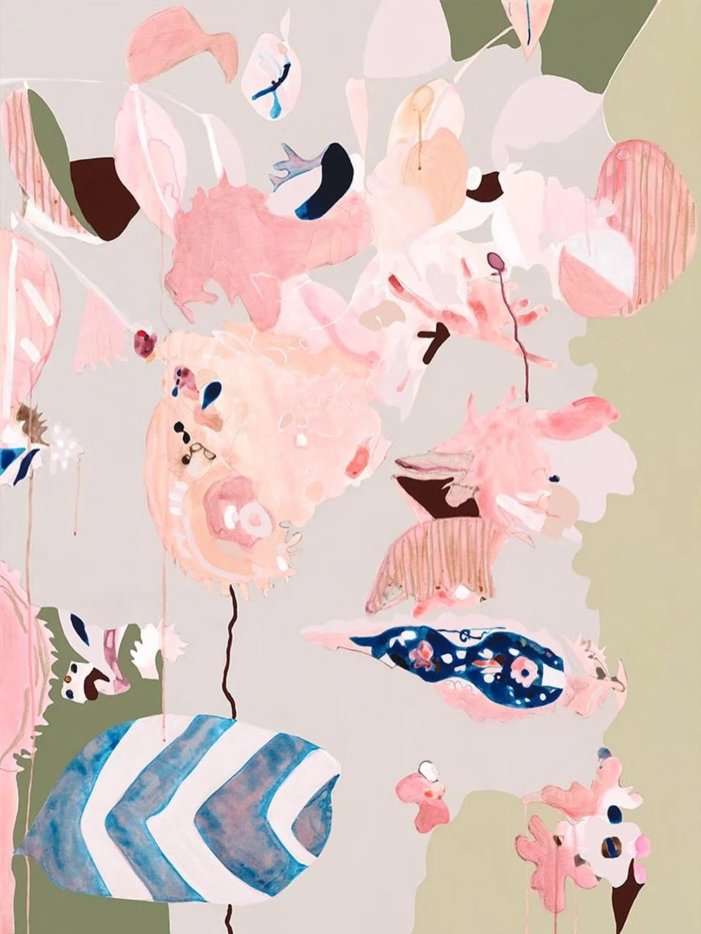 This painting feels very spring like to me&hellip; peachy pinks, soft greens, warm lilac and then silver tying the colours together 🩶 Happy Saturday x 
&lsquo;Silver + Lilac&rsquo;
Acrylic, ink, gouache + oil stick on canvas 
122 x 91cm
Oak frame 
@