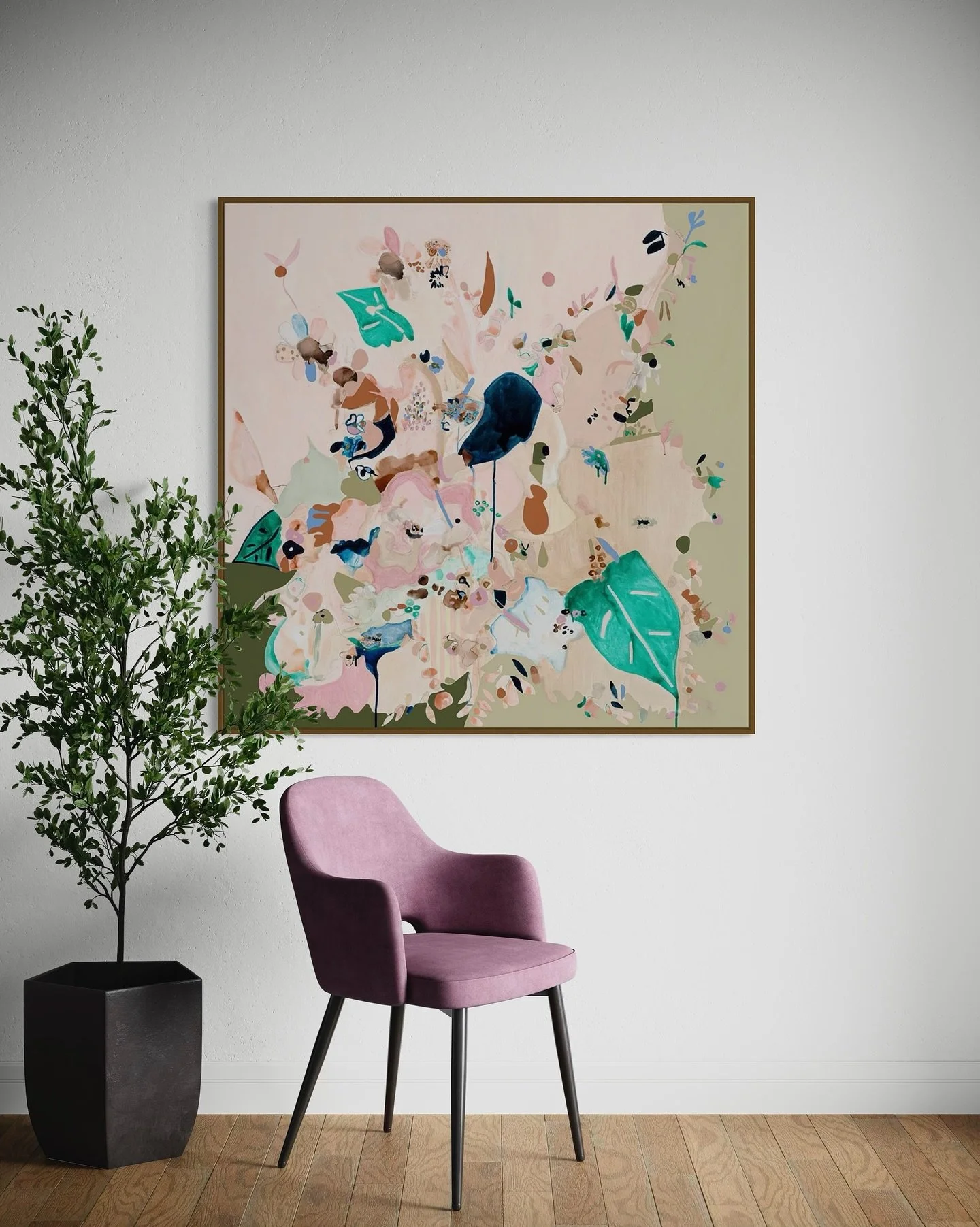&lsquo;Dark Apple Green&rsquo; this painting is so calm and pretty - I&rsquo;m a sucker for pink and green, always have been! 🍃 
122 x 122 cm
Acrylic, ink &amp; gouache on canvas 
Oak frame 
@artist_lane 

#bethkennedyart #botanicalart #australianar