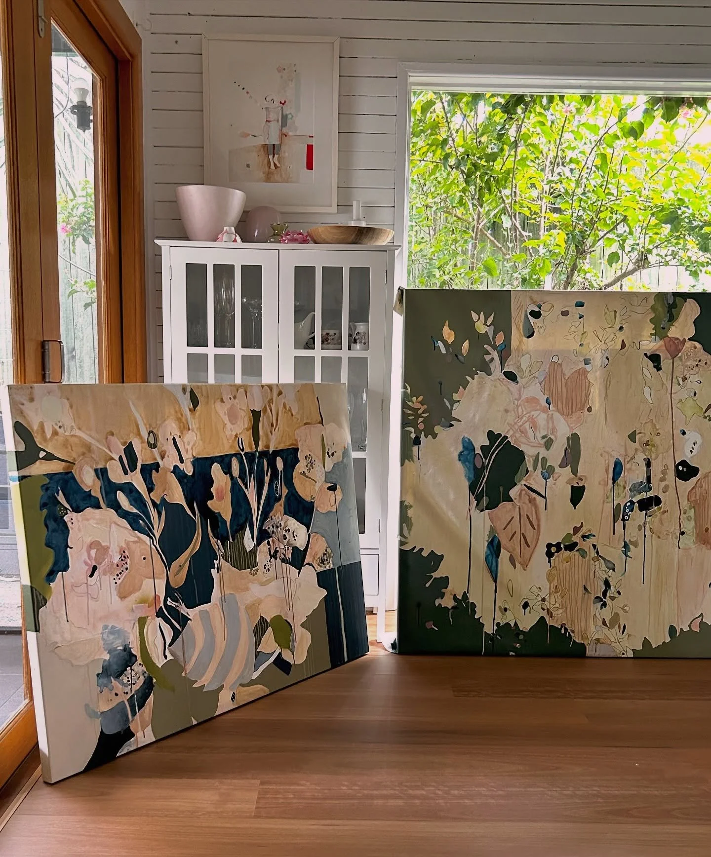 Sometimes it&rsquo;s super helpful to lug my paintings up the stairs from my studio and put them at the far end of the dining room where I can stand back from them a bit &amp; have a little ponder about what&rsquo;s next 🎨 Now to lug them back down 