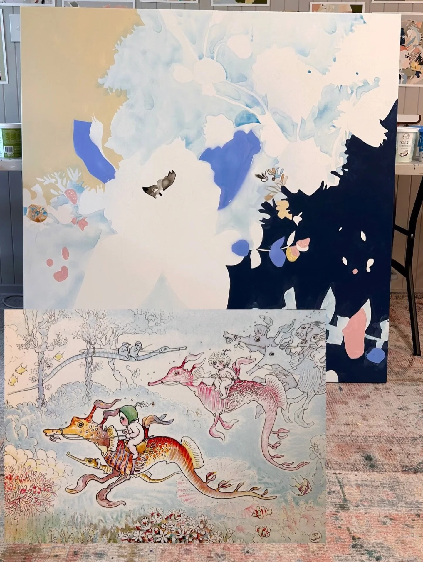 Looking for inspiration and ideas for paintings I&rsquo;ll often flick through books while pondering my next move&hellip; this beautiful illustration by May Gibbs &lsquo;Riding Home on Dragons&rsquo; caught my eye today &amp; so I added a soft pale b