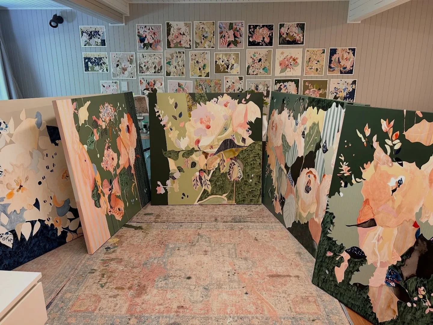 Why do I always have paint on my arms, dripped onto my feet &amp; the odd daub on my face or in my hair? ⬆️ So nice to get the first batch of paintings packaged &amp; sent off to my photographer&hellip; my studio is now reset and ready for the next l