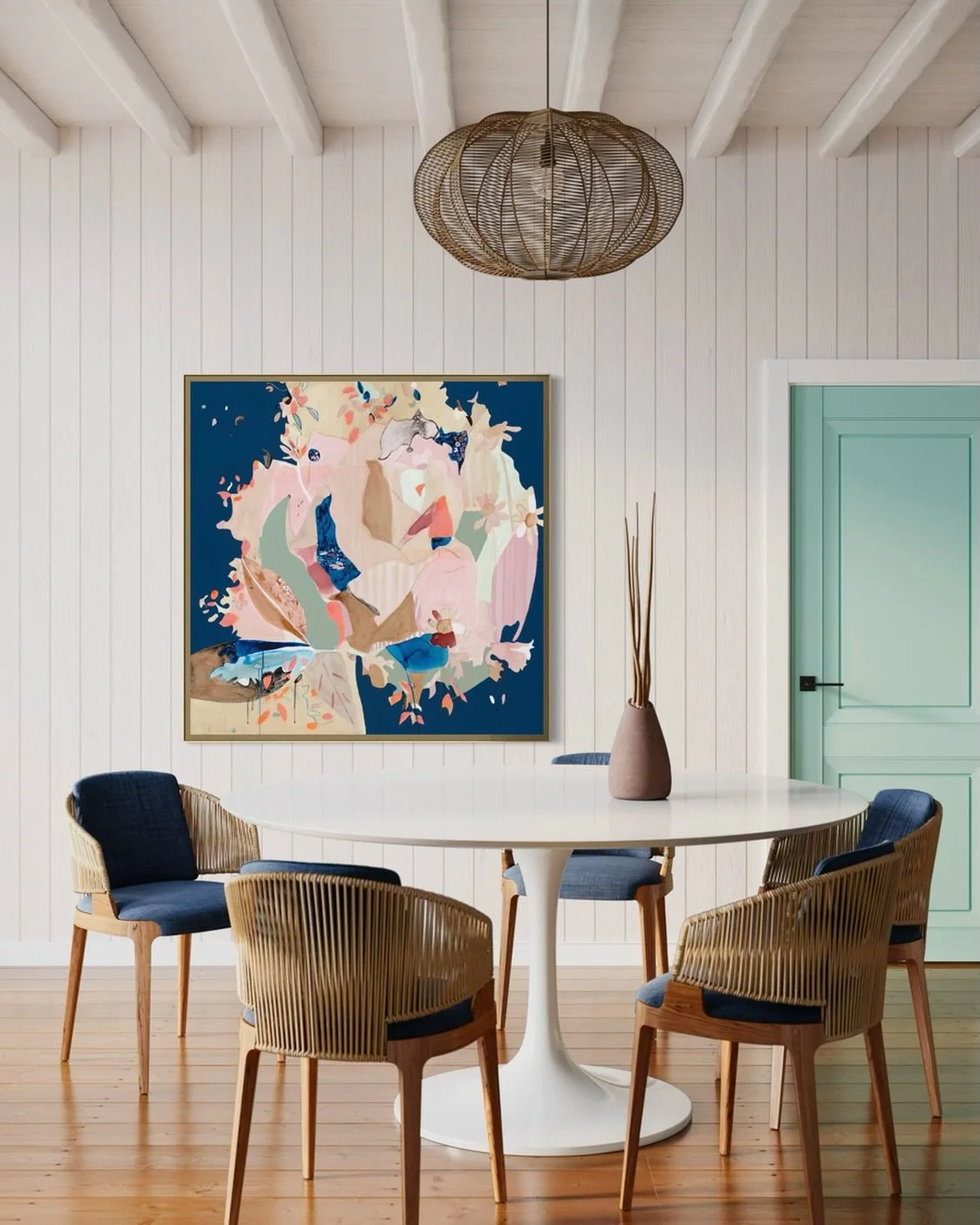 &lsquo;Sea Glass&rsquo; 
122 x 122cm 
Acrylic, ink, gouache + oil stick on canvas 
Oak frame 
@affordableartfairau Brisbane May 7 - 10 
My &lsquo;Cloud Blue&rsquo; collection showing with @artist_lane 💙