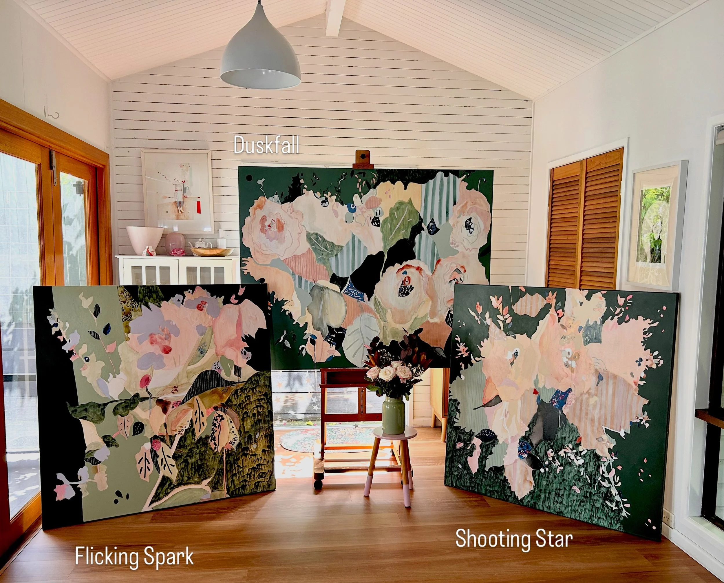 These paintings make me very happy ☺️ so much love &amp; joy went into it painting them 🙌🏻

&lsquo;Flickering Spark&rsquo; 122 x 122 cm 
&lsquo;Duskfall&rsquo; 122 x 152cm
&lsquo;Shooting Star&rsquo; 122 x 122cm
@antheapolsonart 🩷