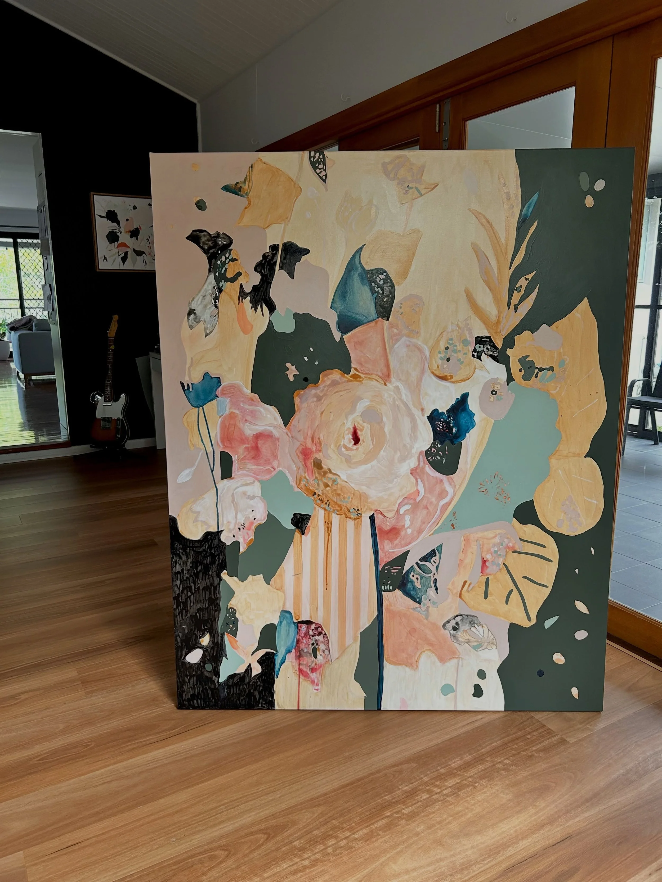 Lovely feeling to finish this big commissioned painting before I head off on a girls long weekend away 🙌🏻 it&rsquo;ll be varnished and then rolled next to make its way to the US.

&lsquo;Copper + Rose&rsquo; 
152 x 122cm
Acrylic, ink &amp; gouache 
